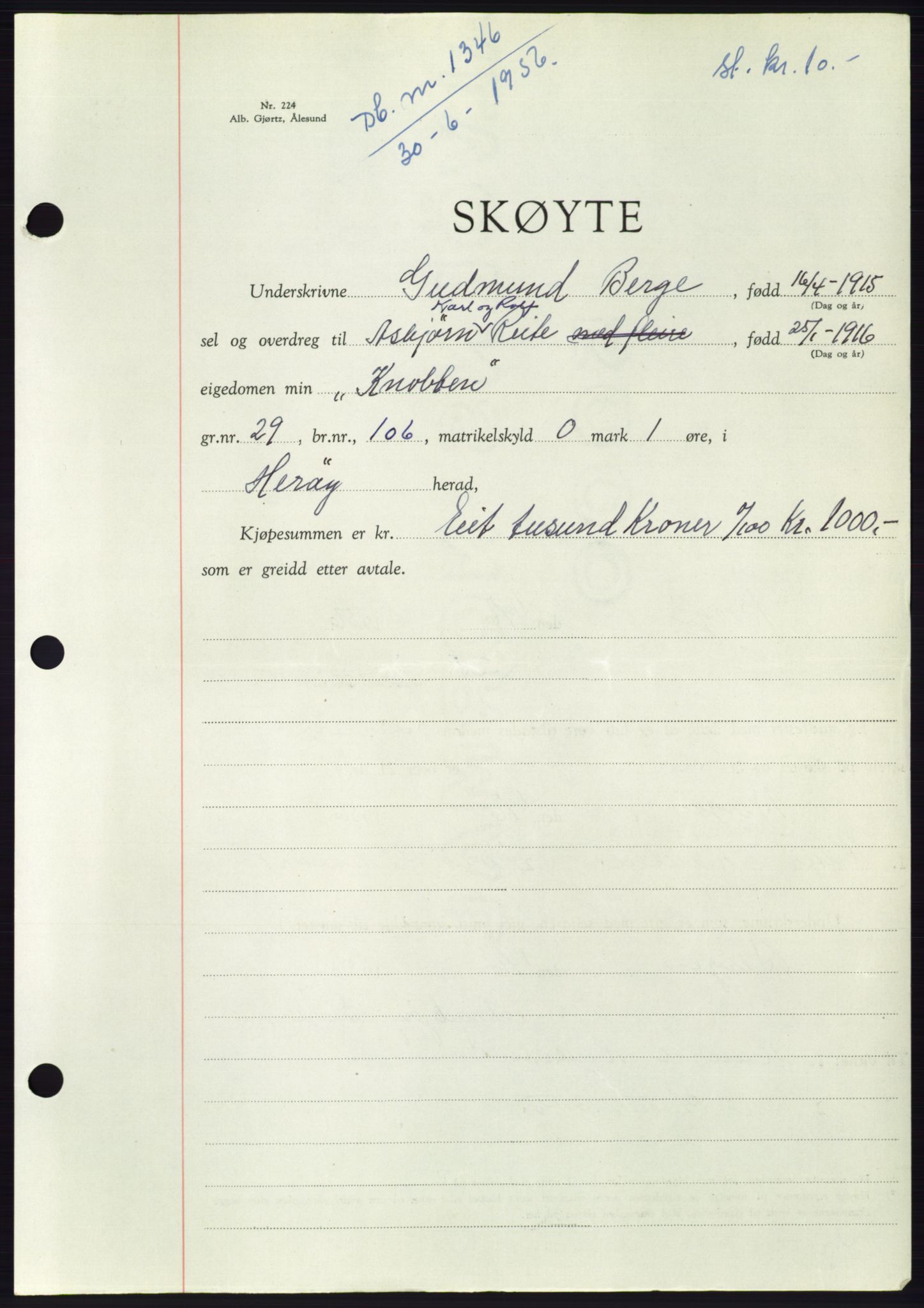 Søre Sunnmøre sorenskriveri, AV/SAT-A-4122/1/2/2C/L0104: Pantebok nr. 30A, 1956-1956, Dagboknr: 1346/1956