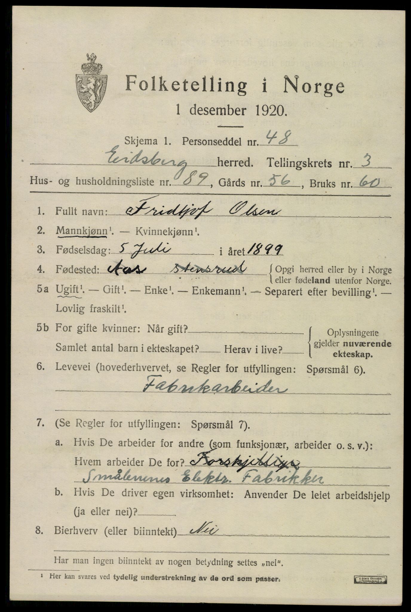 SAO, Folketelling 1920 for 0125 Eidsberg herred, 1920, s. 5085