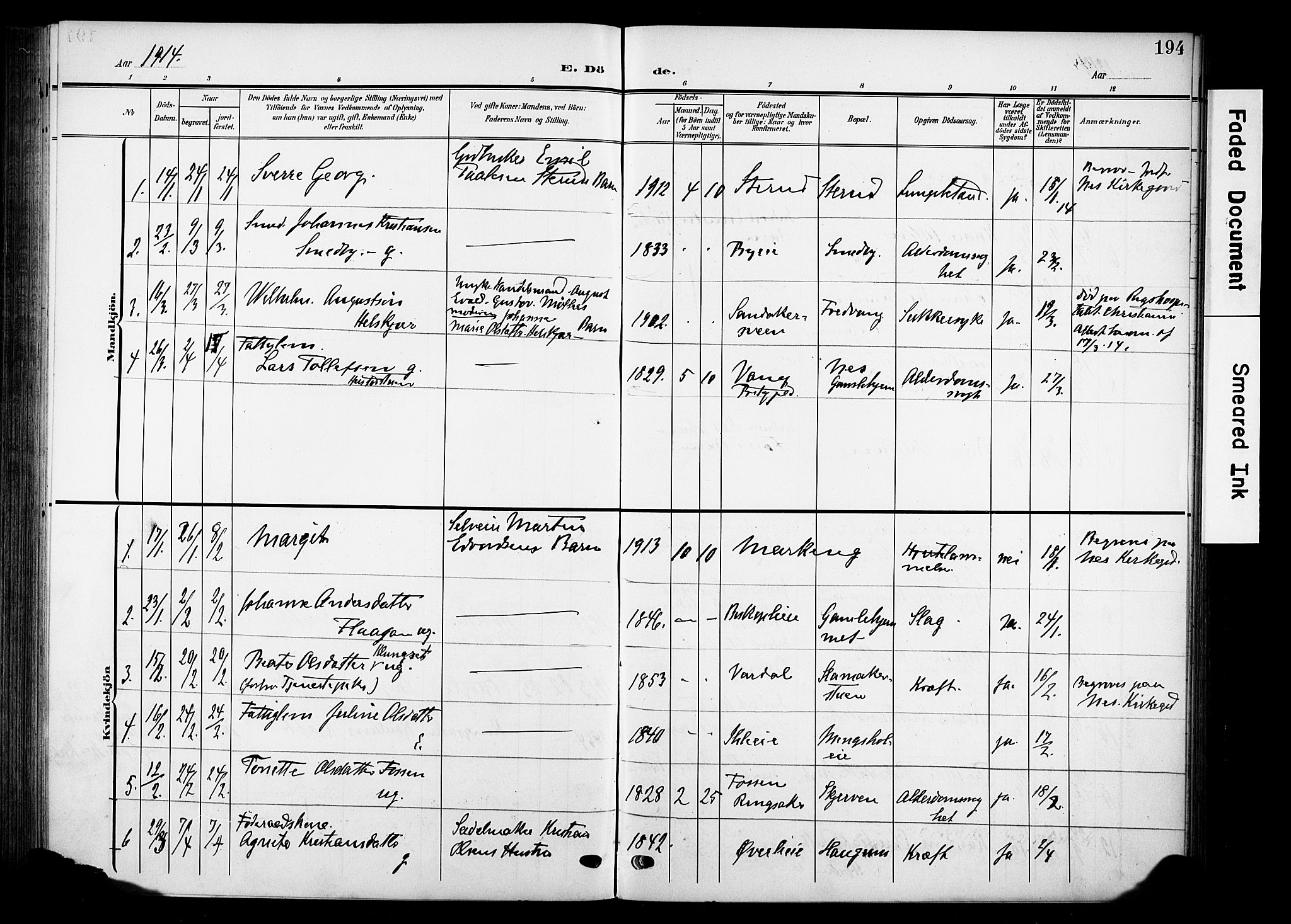 Nes prestekontor, Hedmark, AV/SAH-PREST-020/K/Ka/L0013: Ministerialbok nr. 13, 1906-1924, s. 194
