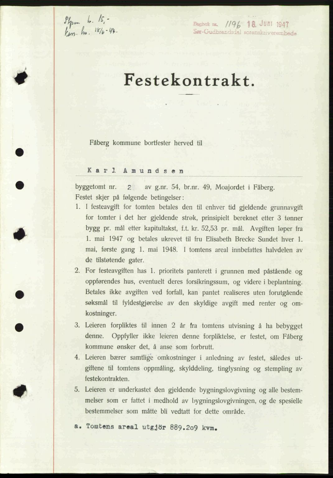 Sør-Gudbrandsdal tingrett, SAH/TING-004/H/Hb/Hbd/L0018: Pantebok nr. A18, 1947-1947, Dagboknr: 1196/1947