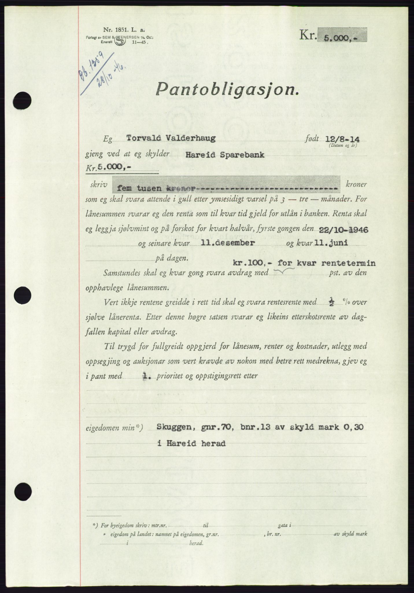 Søre Sunnmøre sorenskriveri, AV/SAT-A-4122/1/2/2C/L0114: Pantebok nr. 1-2B, 1943-1947, Dagboknr: 1359/1946
