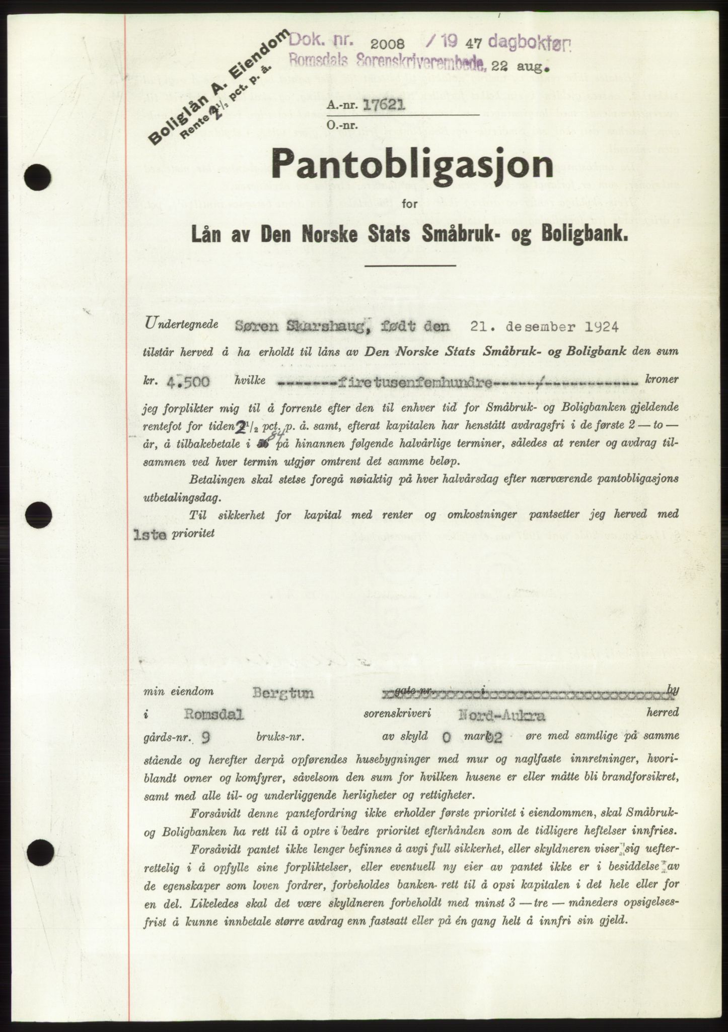 Romsdal sorenskriveri, SAT/A-4149/1/2/2C: Pantebok nr. B3, 1946-1948, Dagboknr: 2008/1947