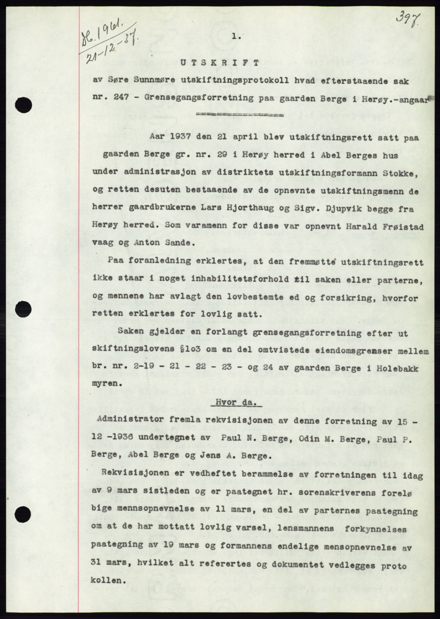 Søre Sunnmøre sorenskriveri, SAT/A-4122/1/2/2C/L0064: Pantebok nr. 58, 1937-1938, Dagboknr: 1961/1937