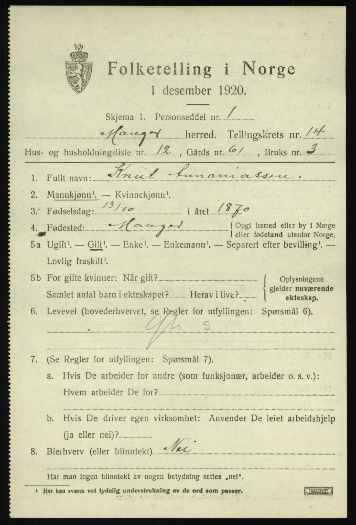 SAB, Folketelling 1920 for 1261 Manger herred, 1920, s. 8372