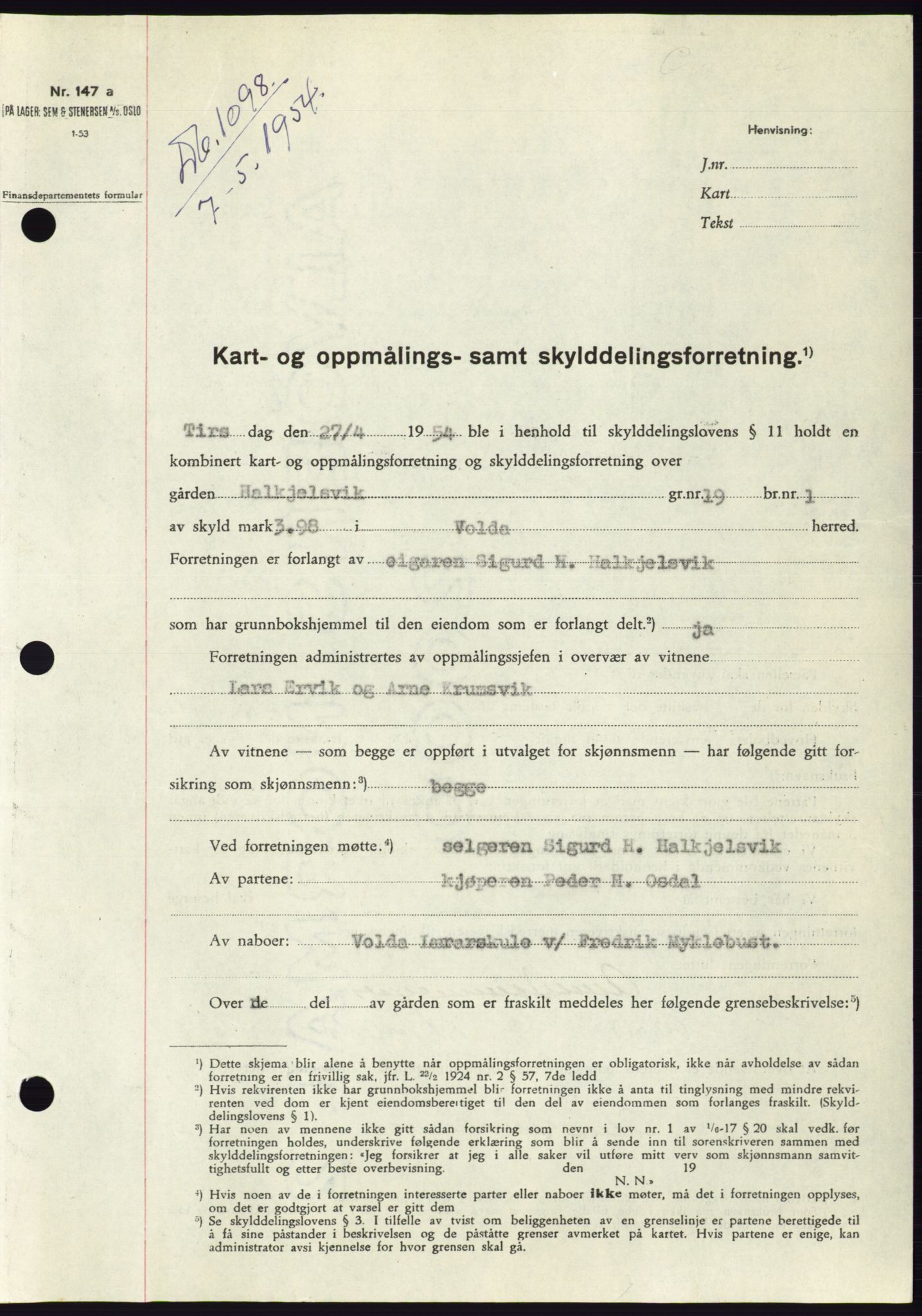 Søre Sunnmøre sorenskriveri, SAT/A-4122/1/2/2C/L0097: Pantebok nr. 23A, 1954-1954, Dagboknr: 1098/1954