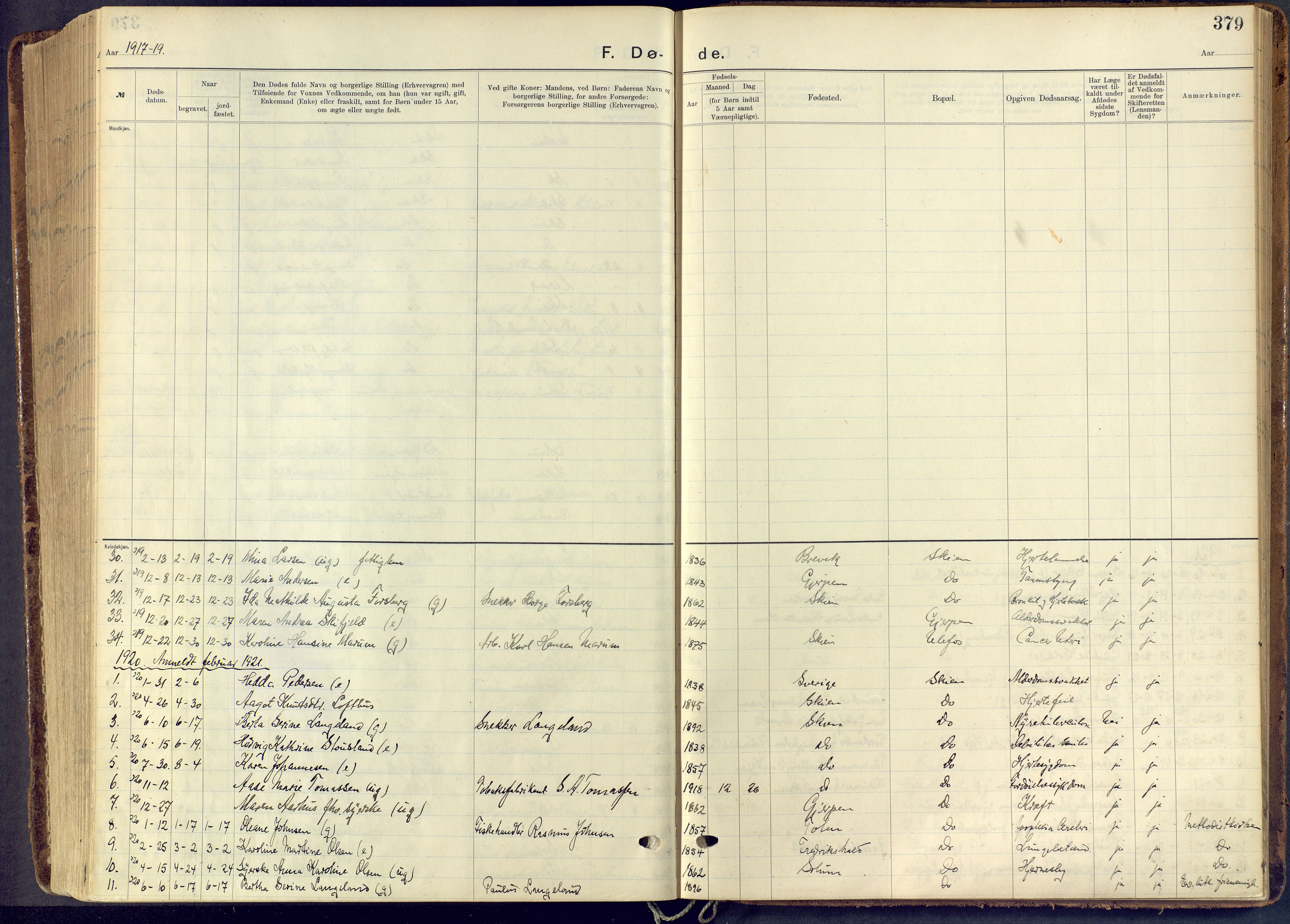 Skien kirkebøker, SAKO/A-302/F/Fa/L0013: Ministerialbok nr. 13, 1915-1921, s. 379