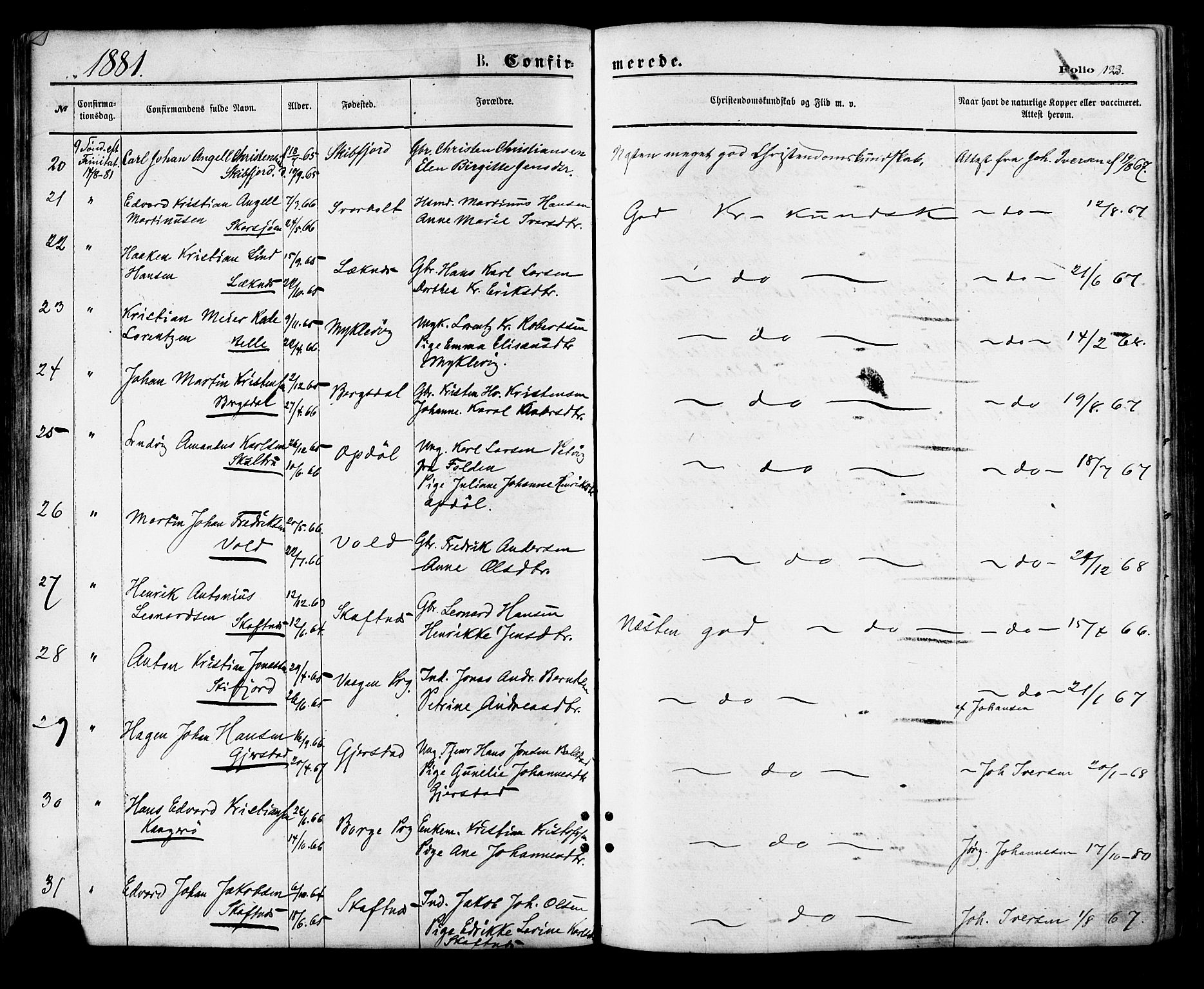 Ministerialprotokoller, klokkerbøker og fødselsregistre - Nordland, AV/SAT-A-1459/881/L1166: Klokkerbok nr. 881C03, 1876-1885, s. 123