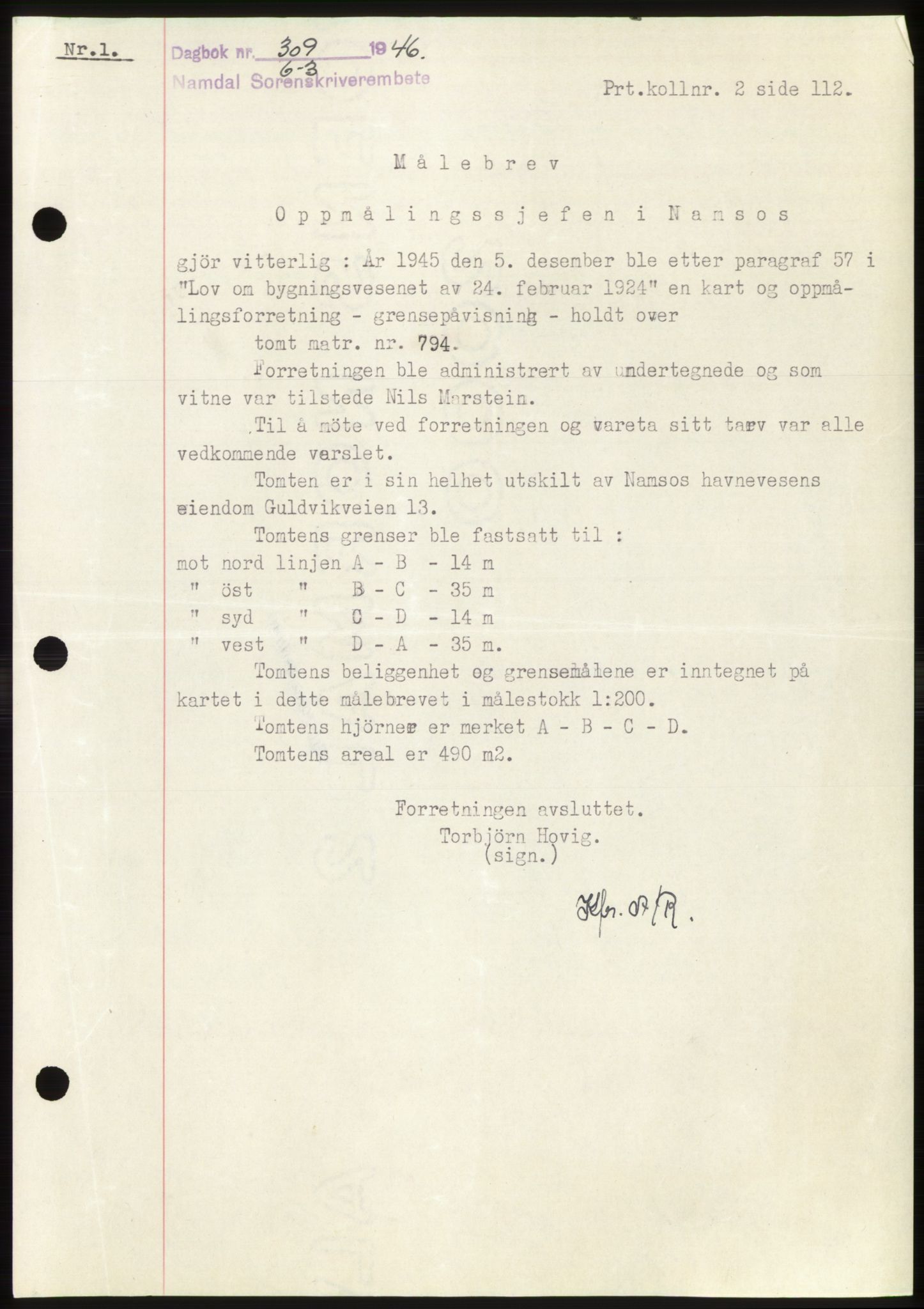 Namdal sorenskriveri, SAT/A-4133/1/2/2C: Pantebok nr. -, 1946-1946, Dagboknr: 309/1946