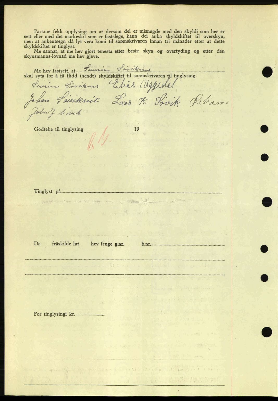 Nordre Sunnmøre sorenskriveri, AV/SAT-A-0006/1/2/2C/2Ca: Pantebok nr. A20a, 1945-1945, Dagboknr: 954/1945