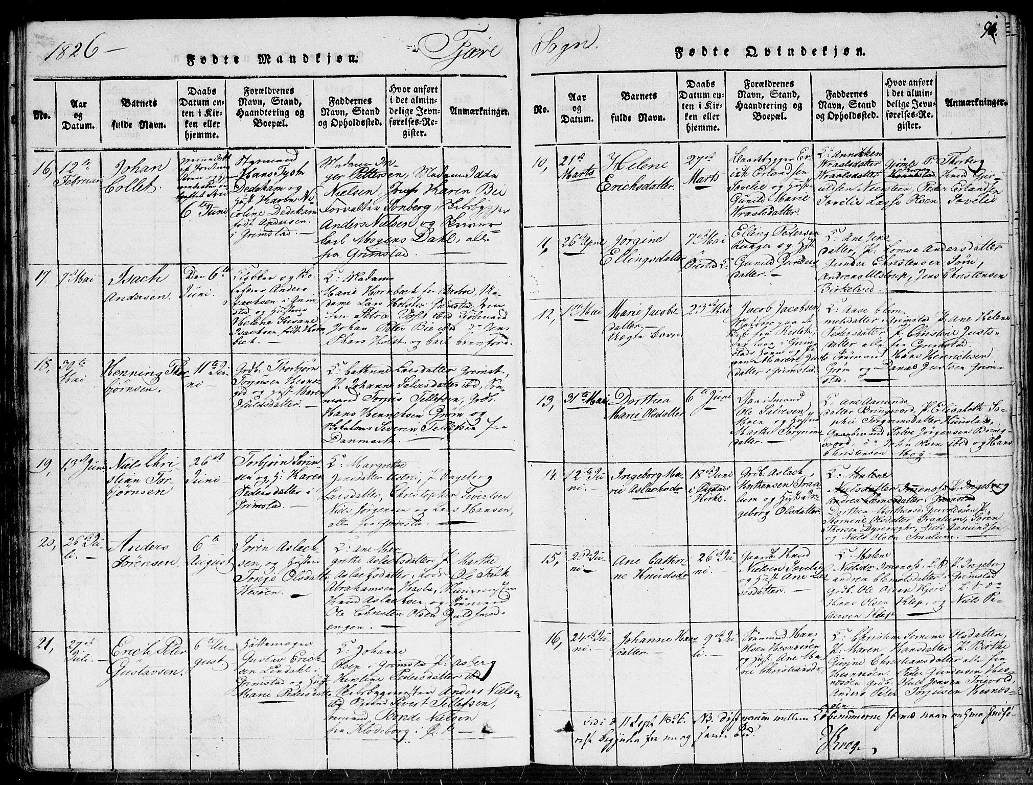 Fjære sokneprestkontor, AV/SAK-1111-0011/F/Fa/L0001: Ministerialbok nr. A 1 /1, 1816-1826, s. 91