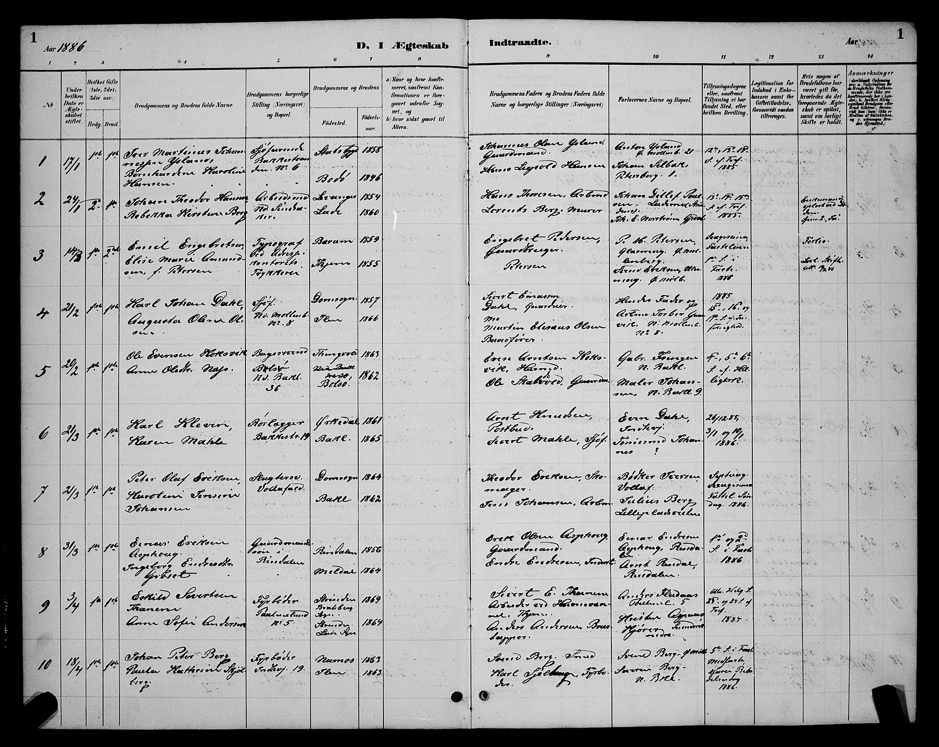 Ministerialprotokoller, klokkerbøker og fødselsregistre - Sør-Trøndelag, AV/SAT-A-1456/604/L0223: Klokkerbok nr. 604C06, 1886-1897, s. 1