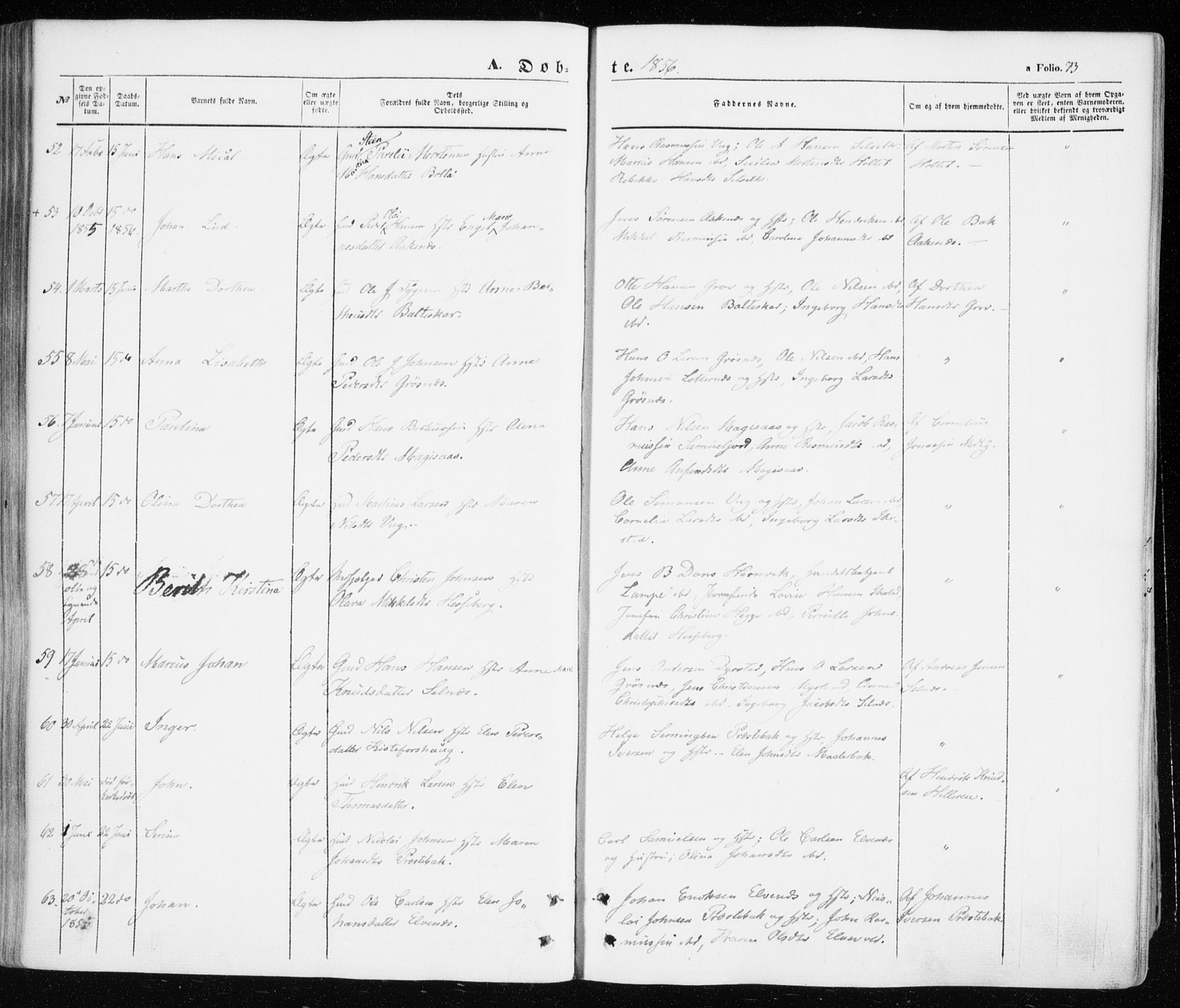 Ibestad sokneprestembete, AV/SATØ-S-0077/H/Ha/Haa/L0008kirke: Ministerialbok nr. 8, 1850-1859, s. 73