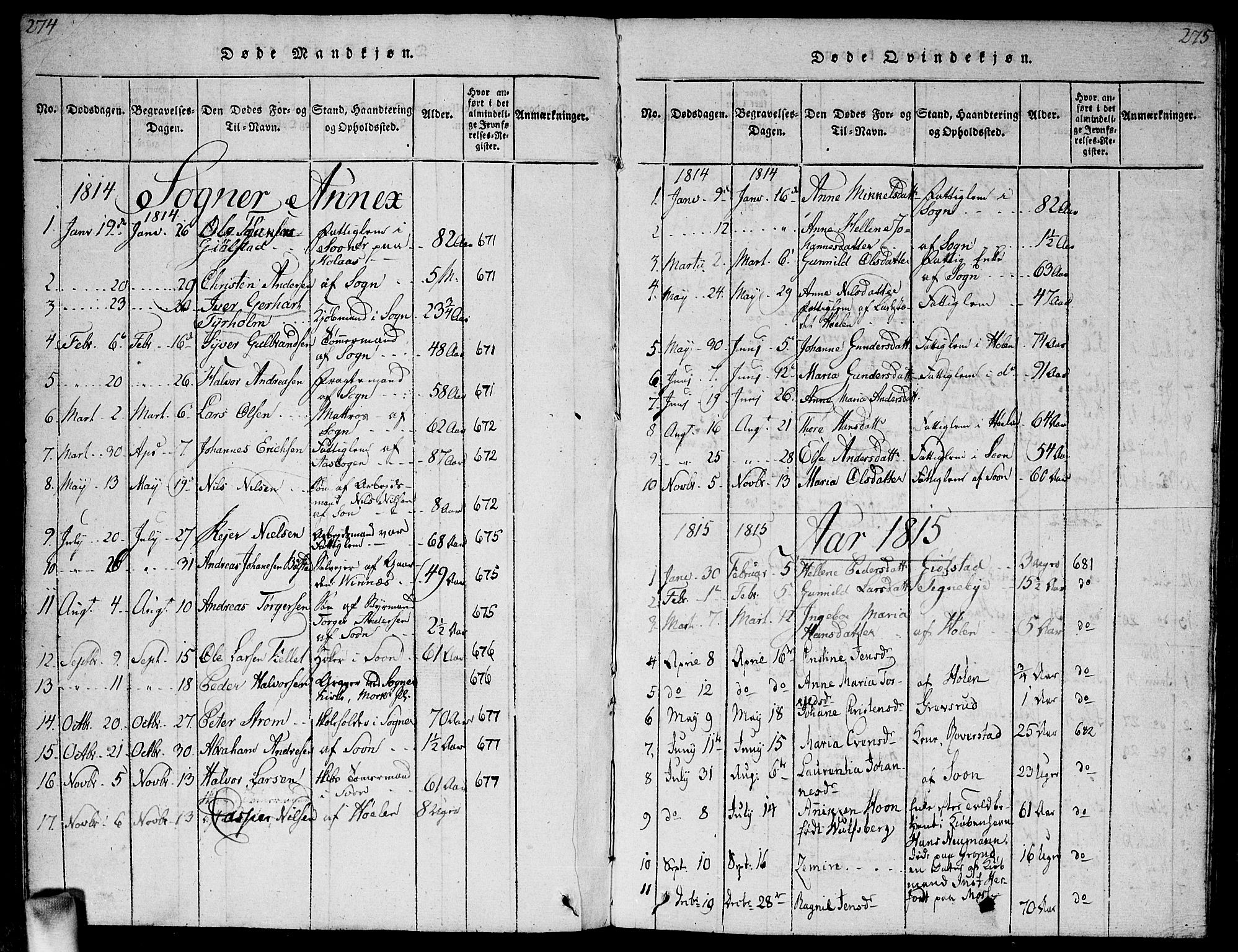 Vestby prestekontor Kirkebøker, AV/SAO-A-10893/G/Ga/L0001: Klokkerbok nr. I 1, 1814-1827, s. 274-275