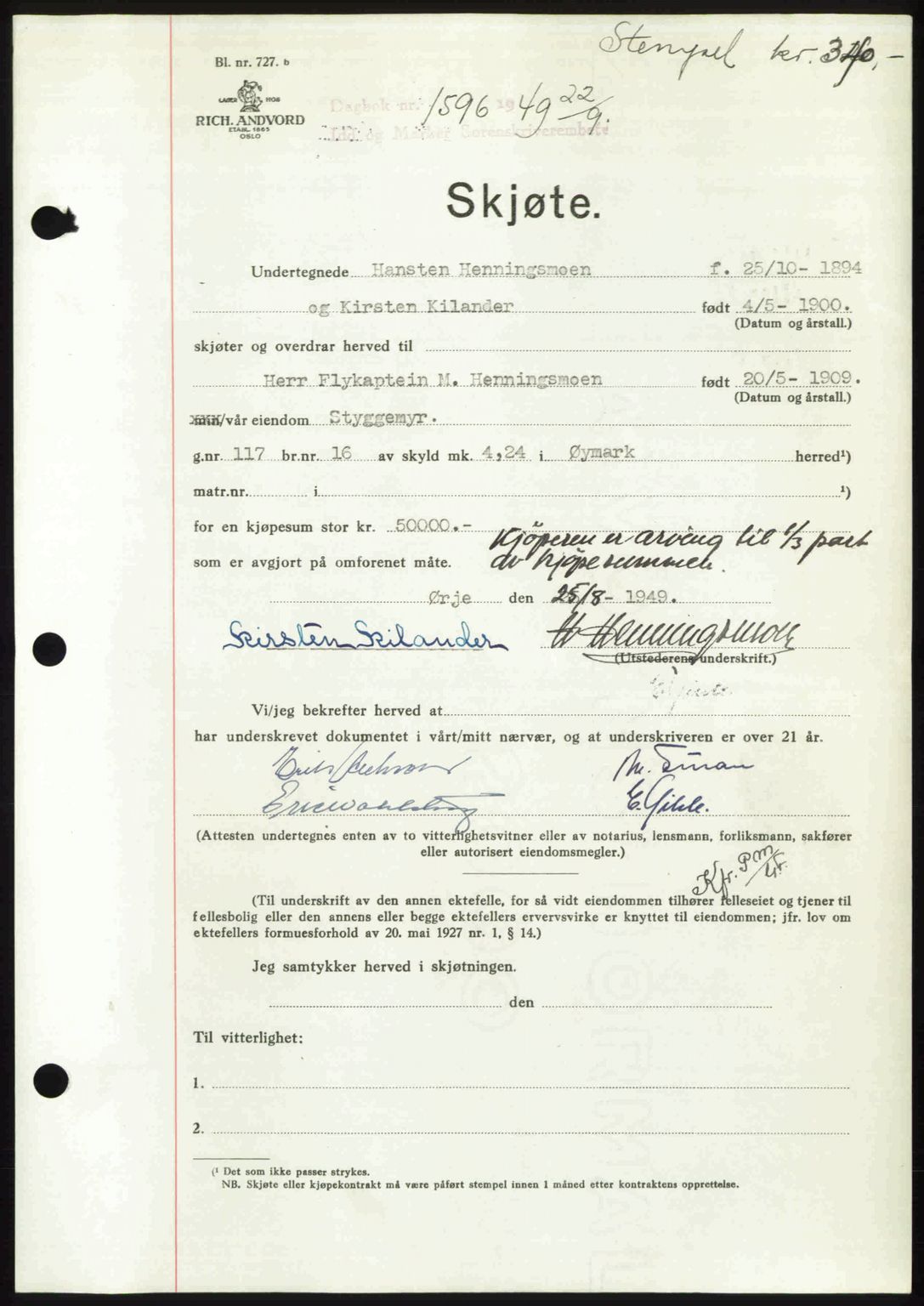 Idd og Marker sorenskriveri, SAO/A-10283/G/Gb/Gbb/L0012: Pantebok nr. A12, 1949-1949, Dagboknr: 1596/1949