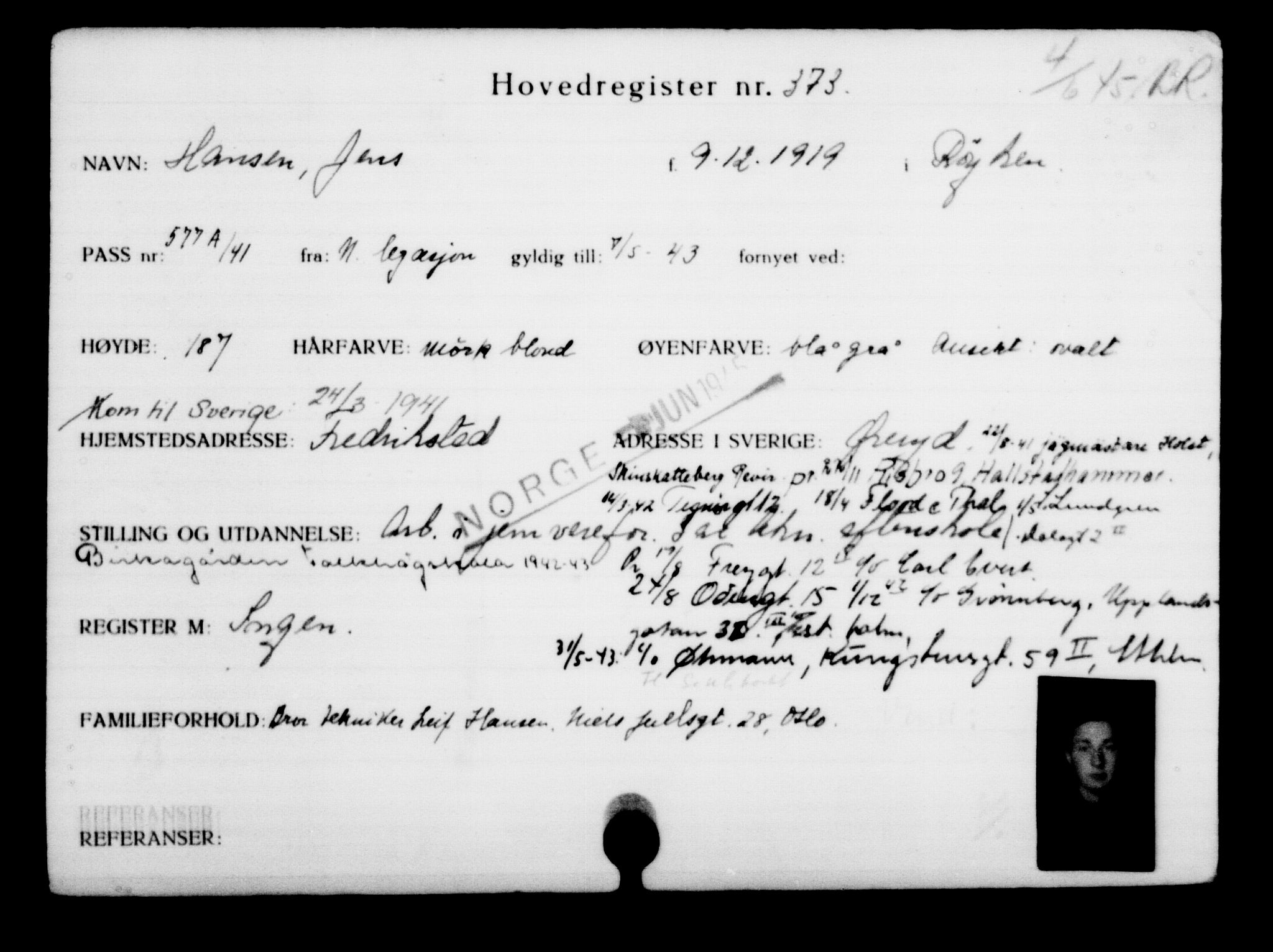 Utenriksstasjonene, Legasjonen i Stockholm, Flyktningkontoret, AV/RA-S-6753/V/Va/L0001: Kjesäterkartoteket, flyktninger med registreringsnr. 1-1000, 1940-1945, s. 588