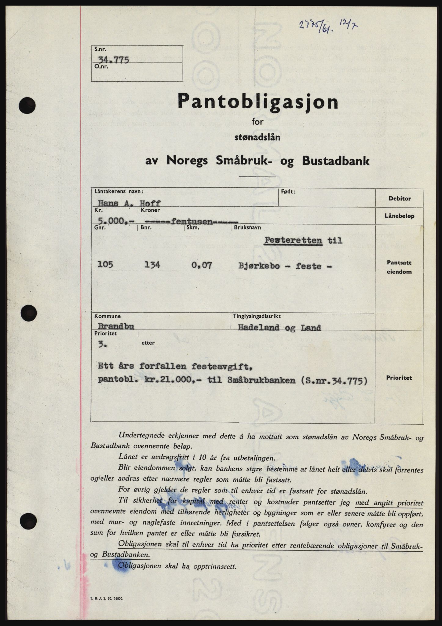 Hadeland og Land tingrett, SAH/TING-010/H/Hb/Hbc/L0046: Pantebok nr. B46, 1961-1961, Dagboknr: 2775/1961