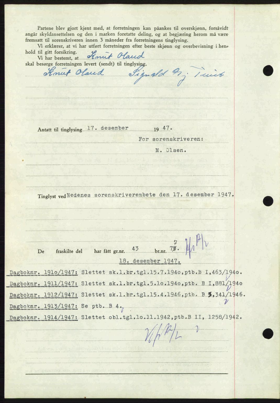 Nedenes sorenskriveri, SAK/1221-0006/G/Gb/Gba/L0058: Pantebok nr. A10, 1947-1948, Dagboknr: 1909/1947