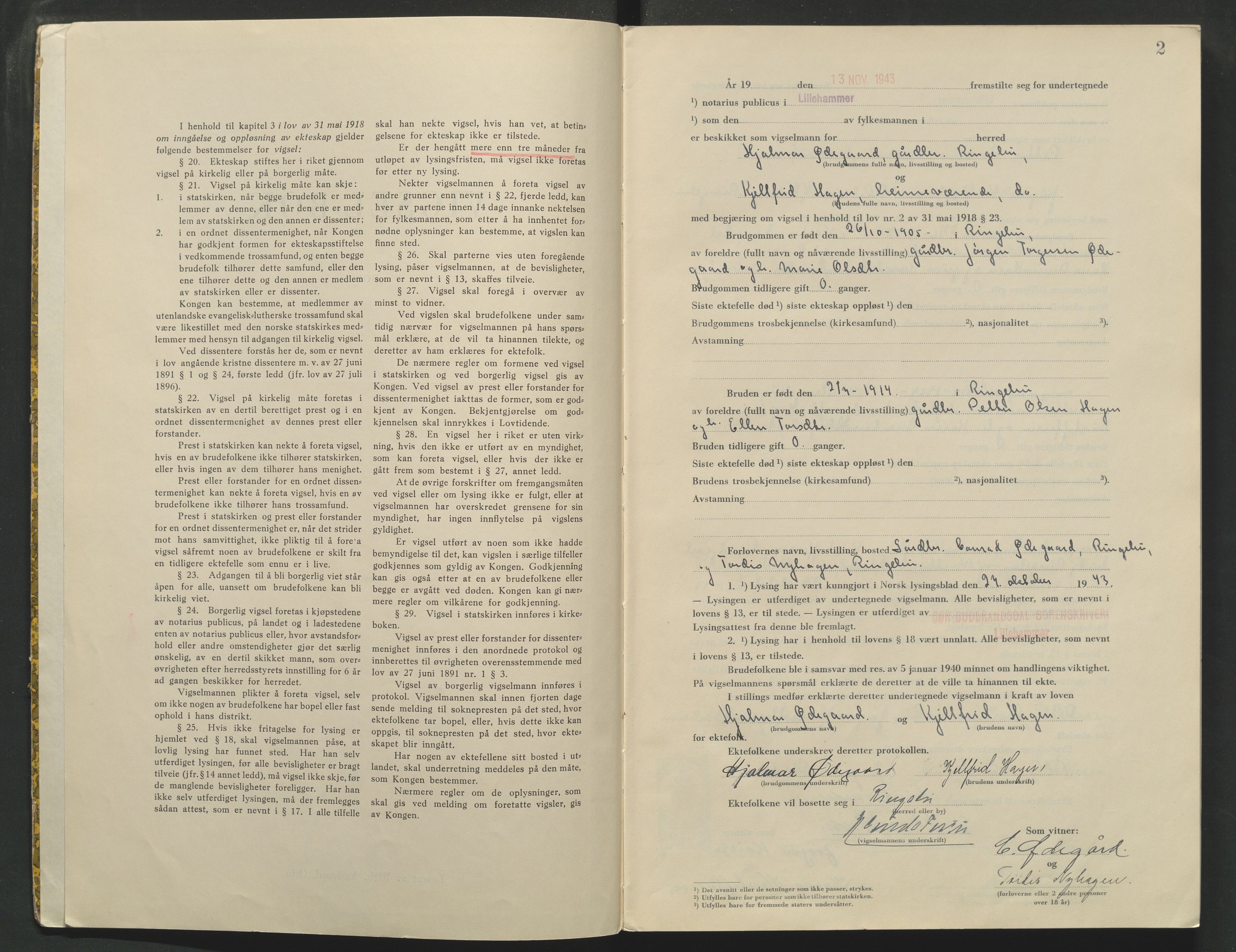 Sør-Gudbrandsdal tingrett, AV/SAH-TING-004/L/Lc/L0004: Vigselsprotokoll, 1943-1944, s. 2
