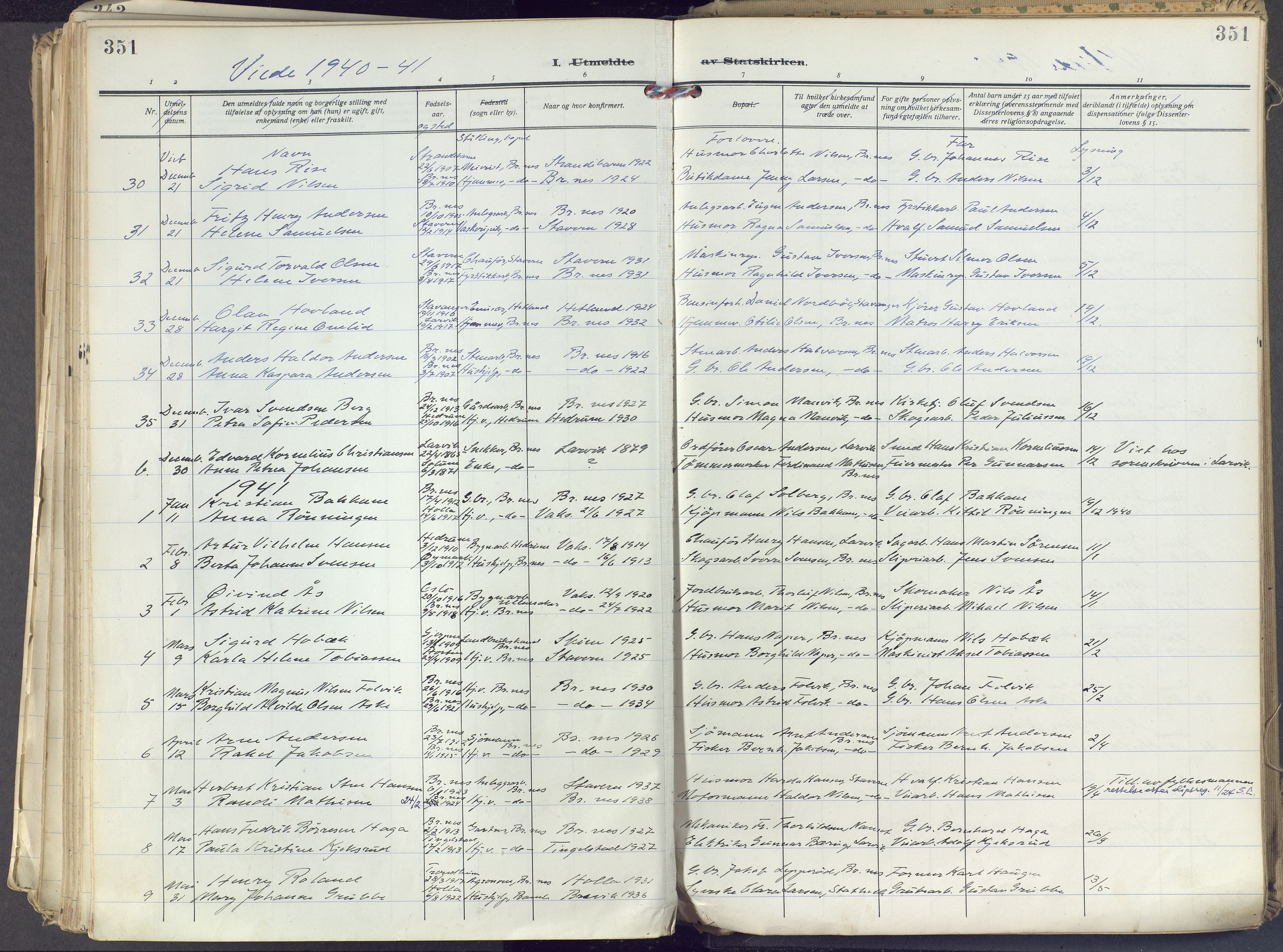 Brunlanes kirkebøker, SAKO/A-342/F/Fc/L0004: Ministerialbok nr. III 4, 1923-1943, s. 351
