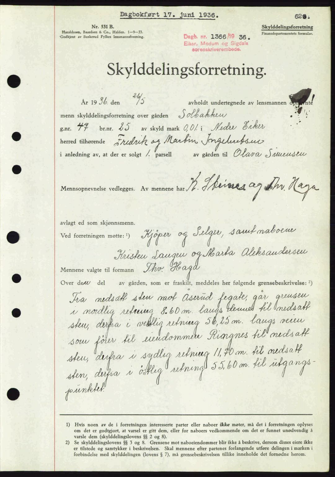Eiker, Modum og Sigdal sorenskriveri, SAKO/A-123/G/Ga/Gab/L0032: Pantebok nr. A2, 1936-1936, Dagboknr: 1366/1936