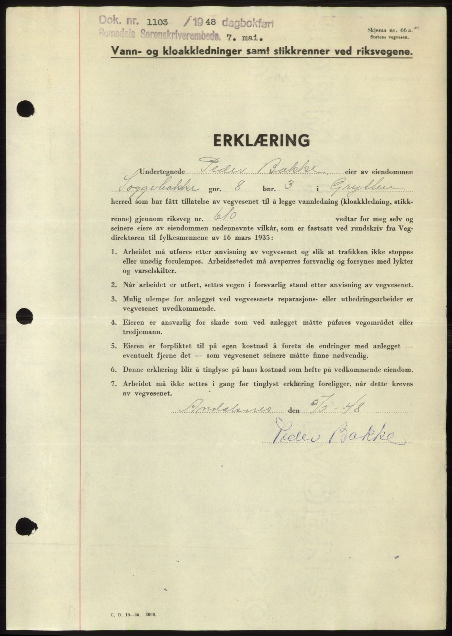 Romsdal sorenskriveri, SAT/A-4149/1/2/2C: Pantebok nr. B3, 1946-1948, Dagboknr: 1103/1948