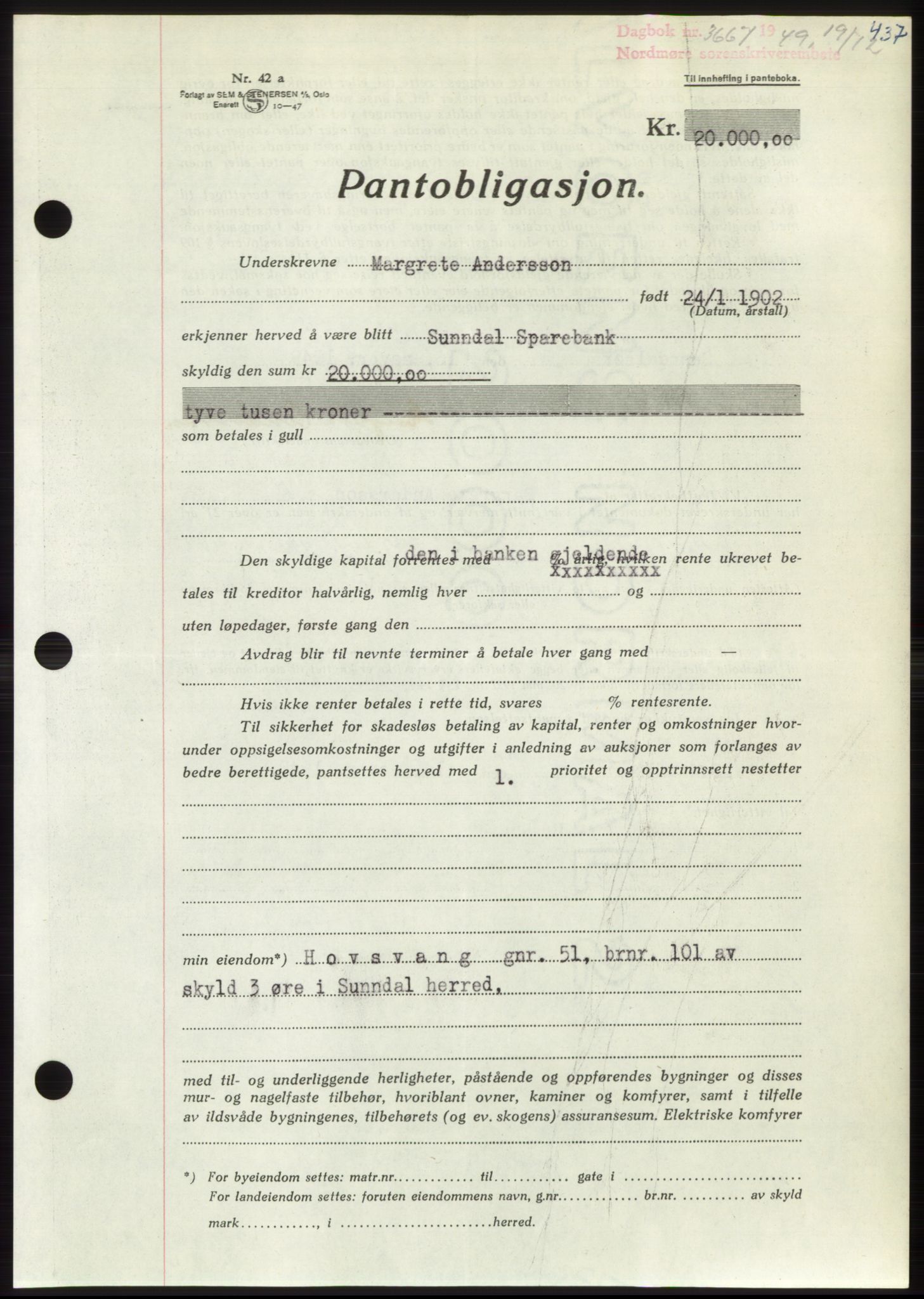 Nordmøre sorenskriveri, AV/SAT-A-4132/1/2/2Ca: Pantebok nr. B103, 1949-1950, Dagboknr: 3667/1949