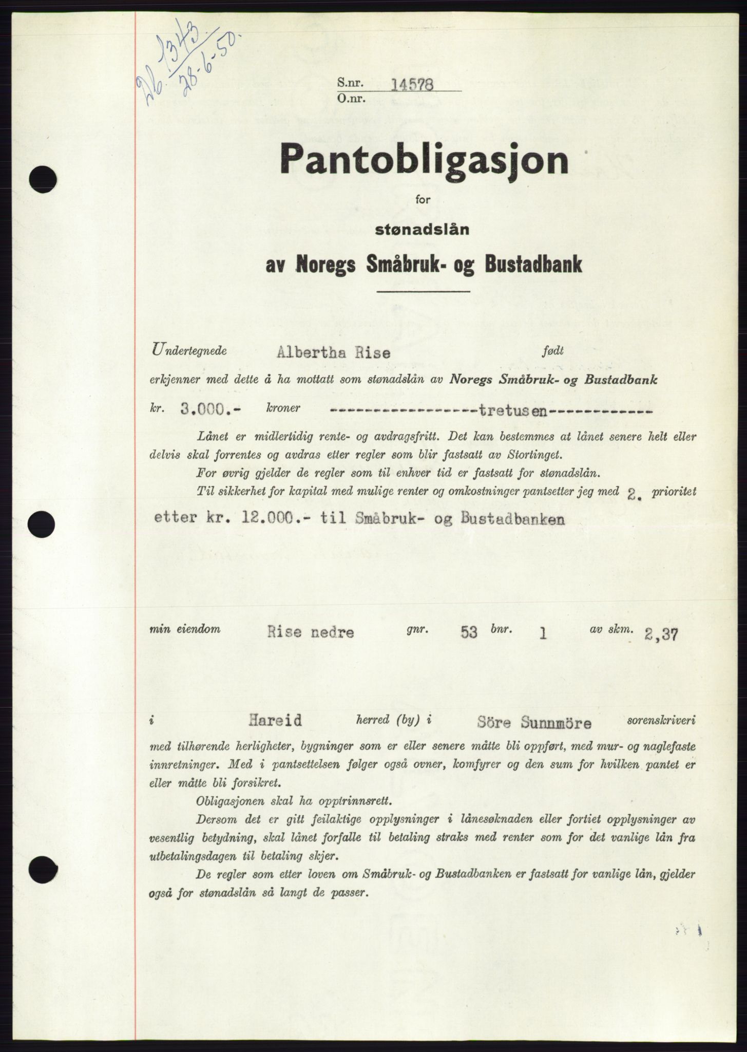 Søre Sunnmøre sorenskriveri, SAT/A-4122/1/2/2C/L0118: Pantebok nr. 6B, 1949-1950, Dagboknr: 1343/1950
