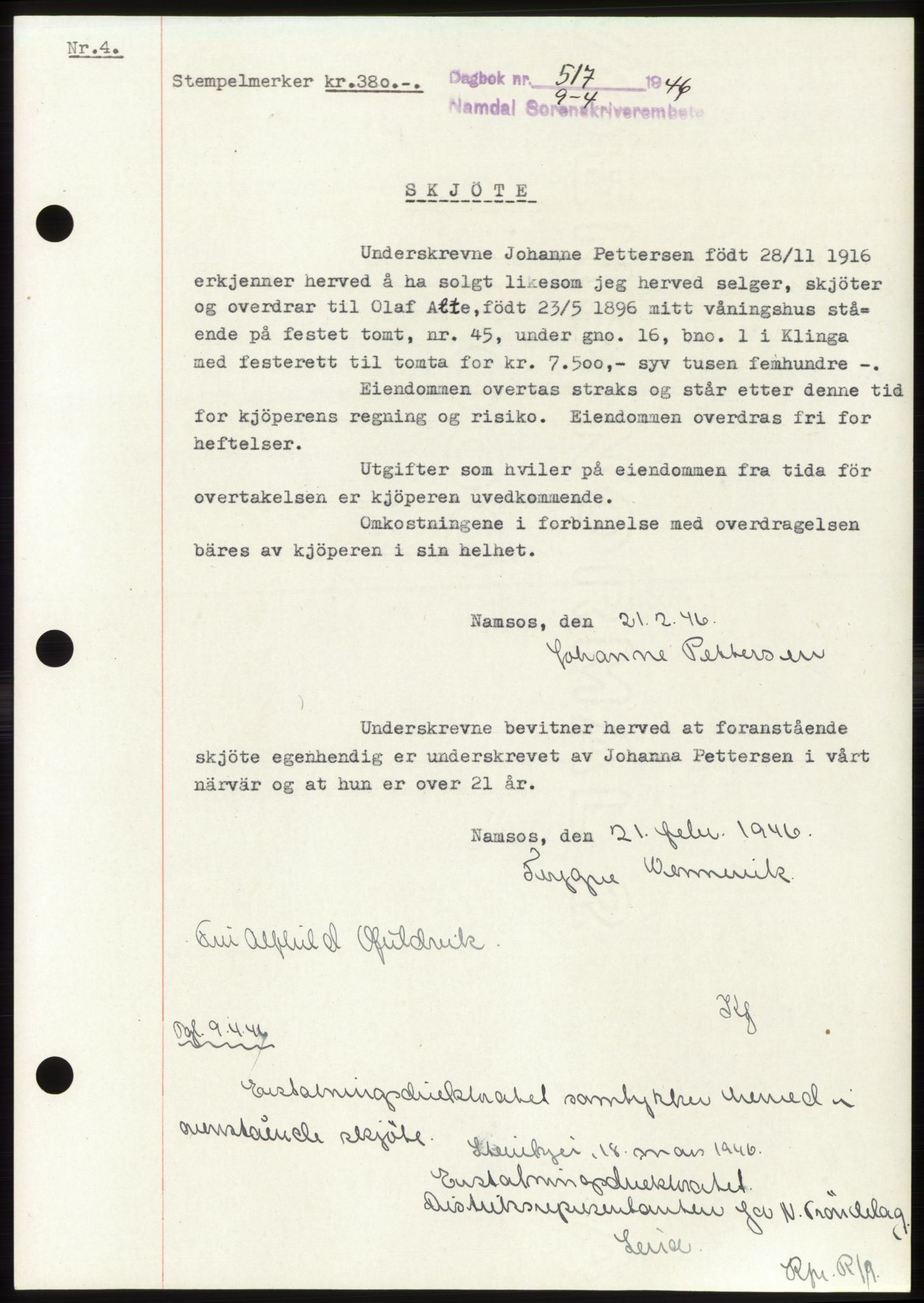 Namdal sorenskriveri, SAT/A-4133/1/2/2C: Pantebok nr. -, 1946-1946, Dagboknr: 517/1946