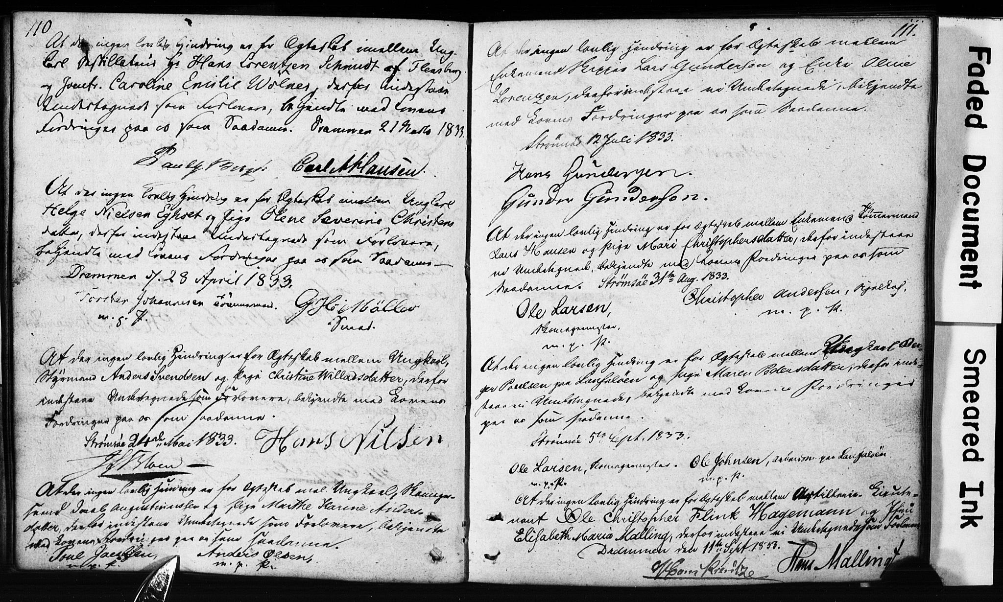 Strømsø kirkebøker, SAKO/A-246/H/Hb/L0002: Forlovererklæringer nr. 2, 1815-1857, s. 110-111