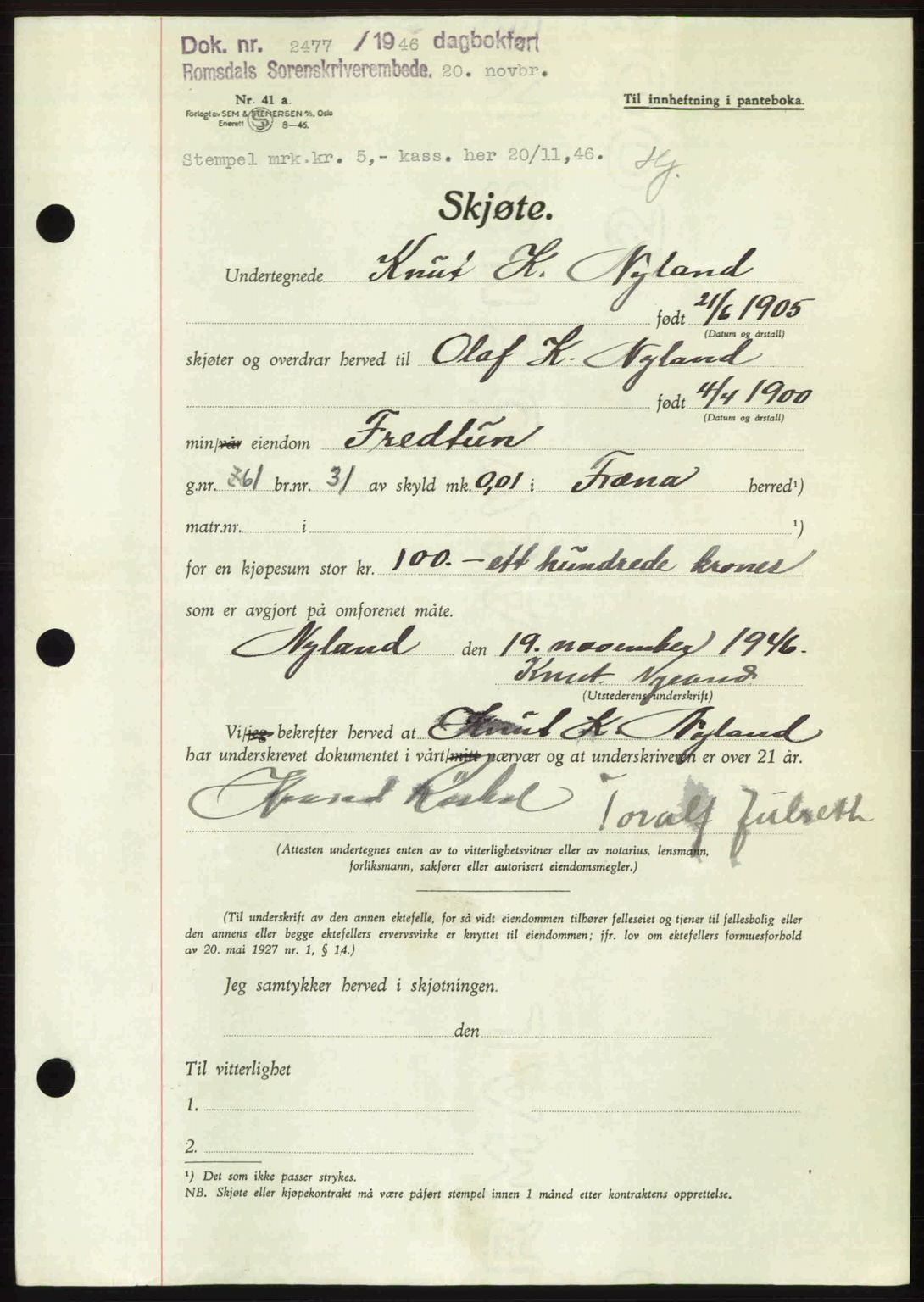 Romsdal sorenskriveri, AV/SAT-A-4149/1/2/2C: Pantebok nr. A21, 1946-1946, Dagboknr: 2477/1946