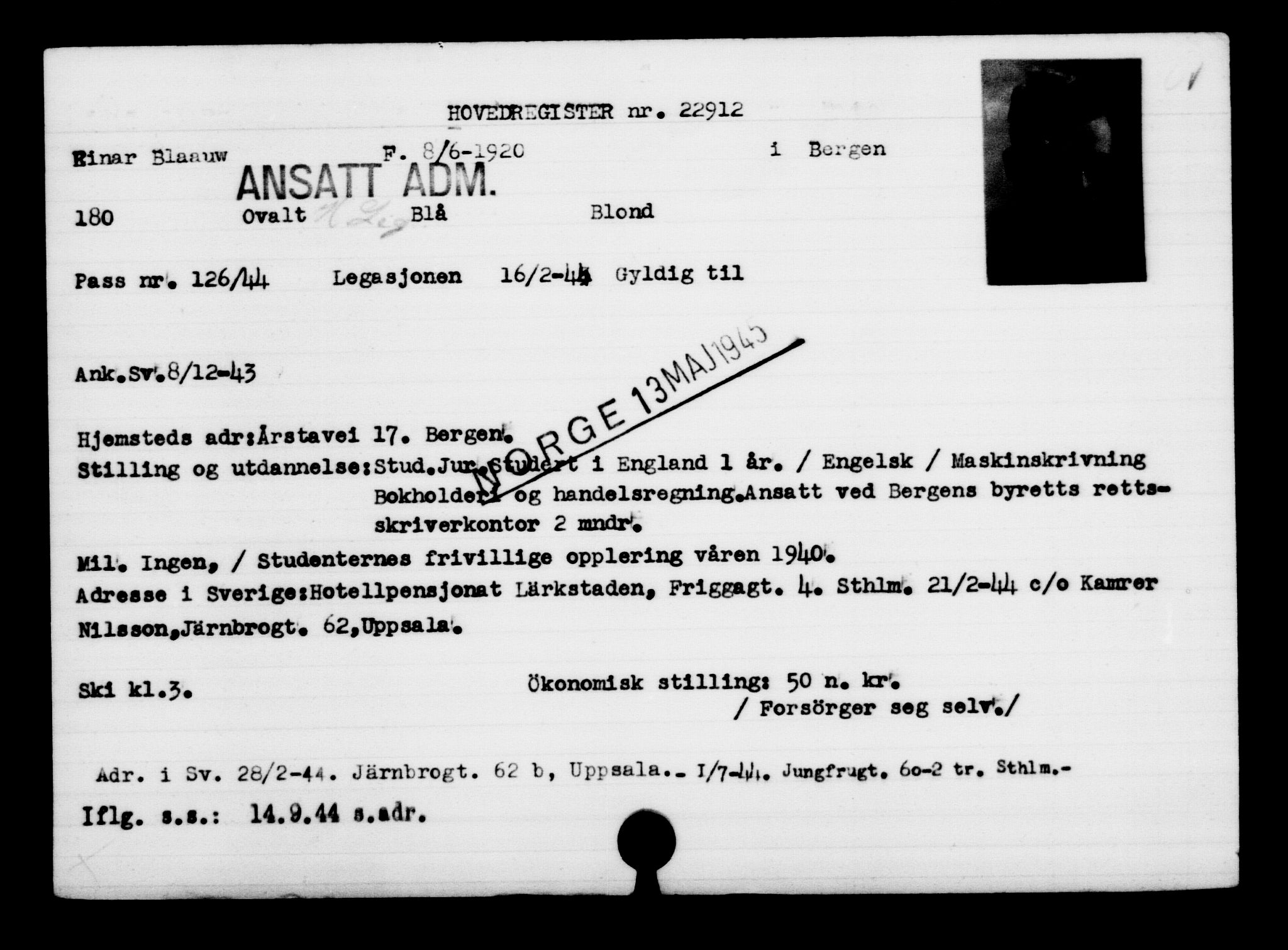 Utenriksstasjonene, Legasjonen i Stockholm, Flyktningkontoret, AV/RA-S-6753/V/Va/L0010: Kjesäterkartoteket, flyktninger med registreringsnr. 22000-25314, 1940-1945, s. 990