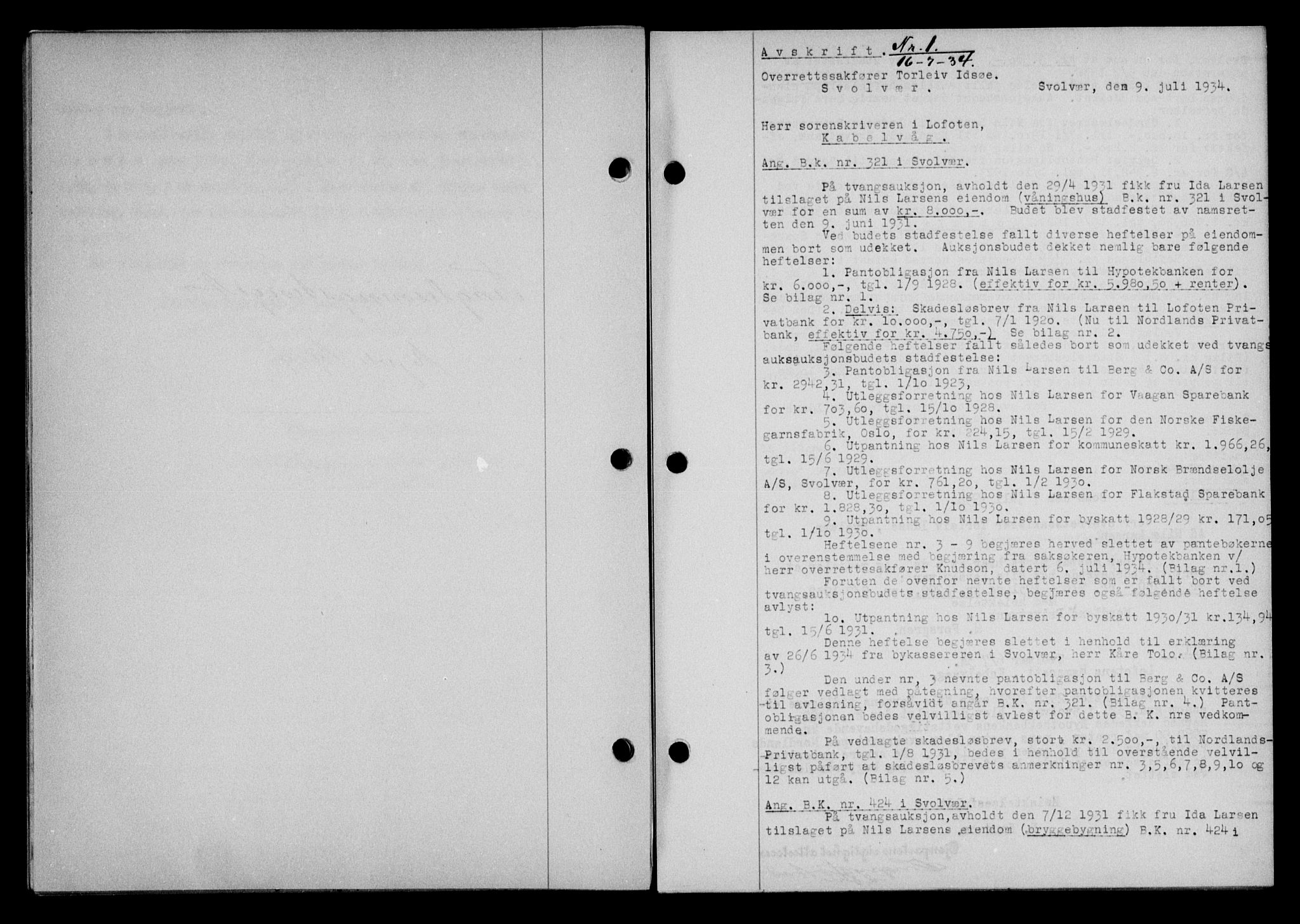 Lofoten sorenskriveri, SAT/A-0017/1/2/2C/L0030b: Pantebok nr. 30b, 1934-1934, Tingl.dato: 16.07.1934
