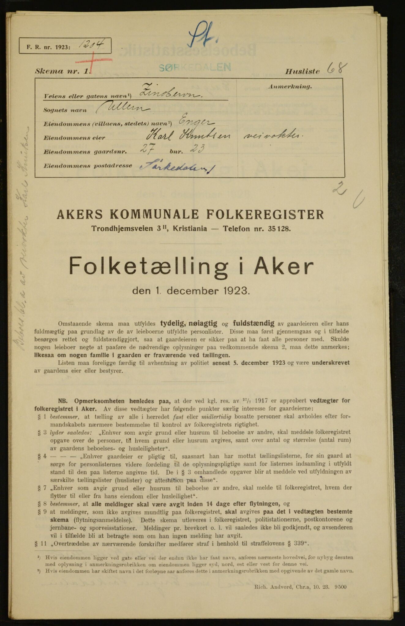 , Kommunal folketelling 1.12.1923 for Aker, 1923, s. 7265