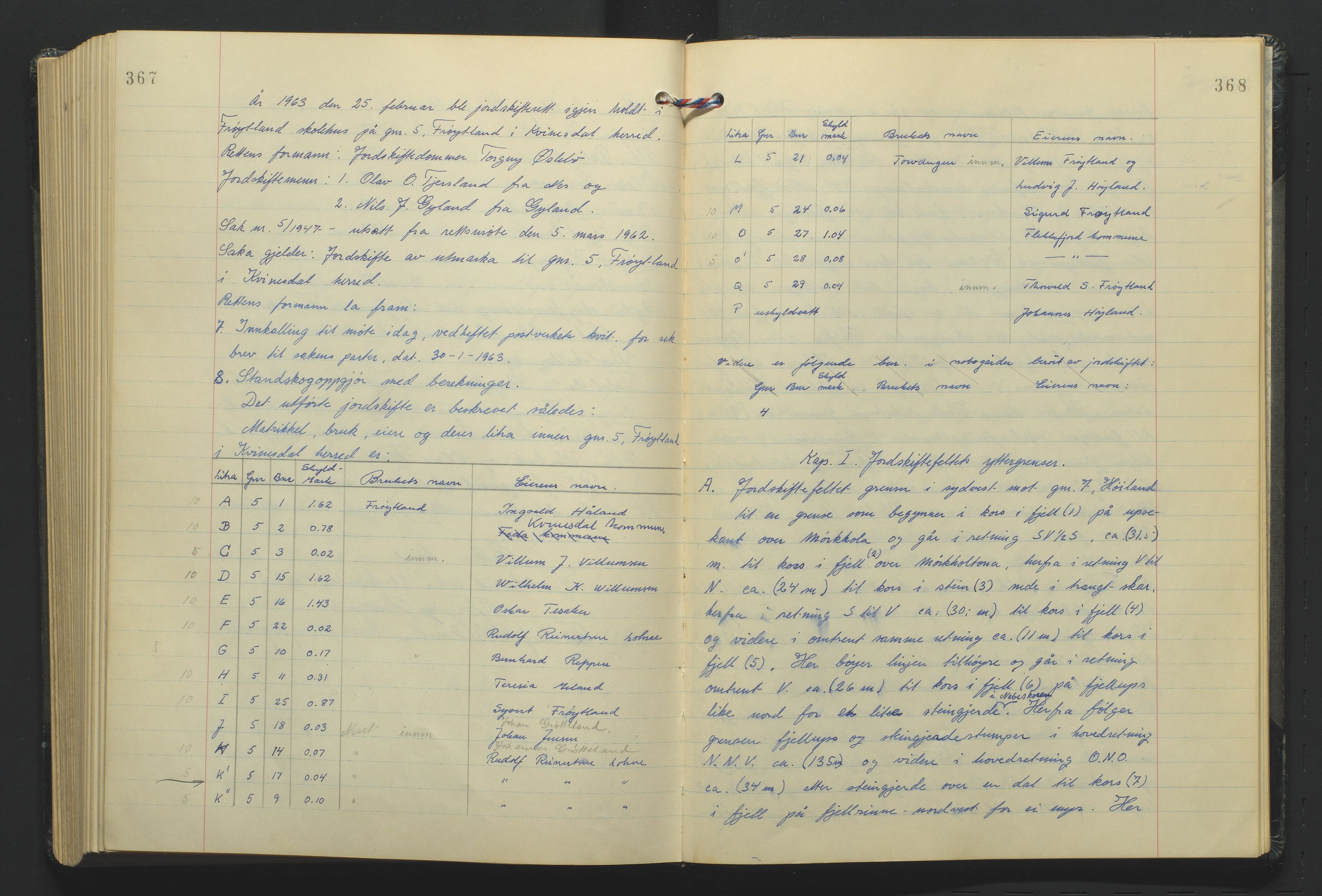 Lista jordskifterett, AV/SAK-1541-0005/F/Fa/L0003: Jordskifterettsbok Flekkefjord domssokn, med gårdsregister nr 9, 1956-1963, s. 367-368