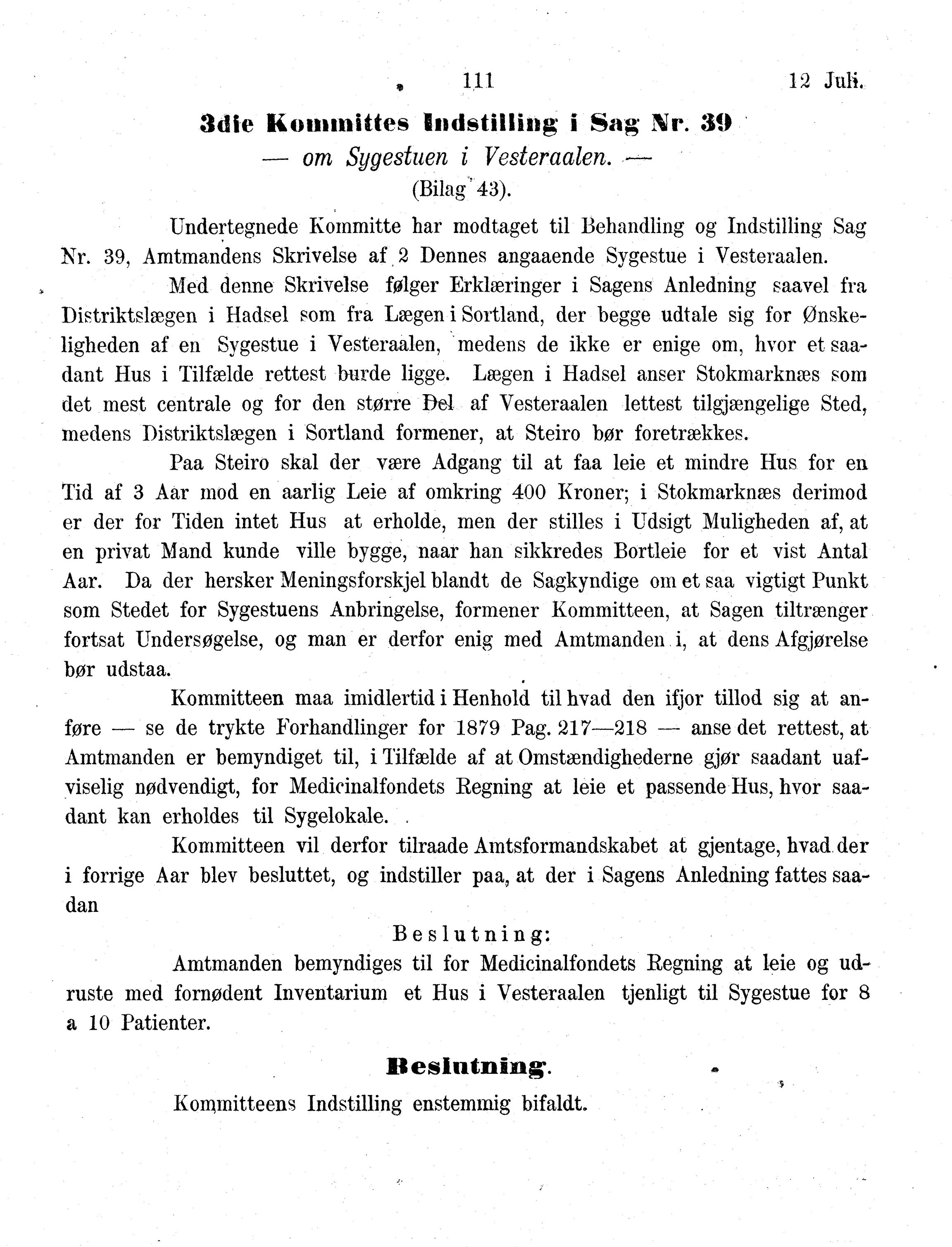 Nordland Fylkeskommune. Fylkestinget, AIN/NFK-17/176/A/Ac/L0013: Fylkestingsforhandlinger 1880, 1880