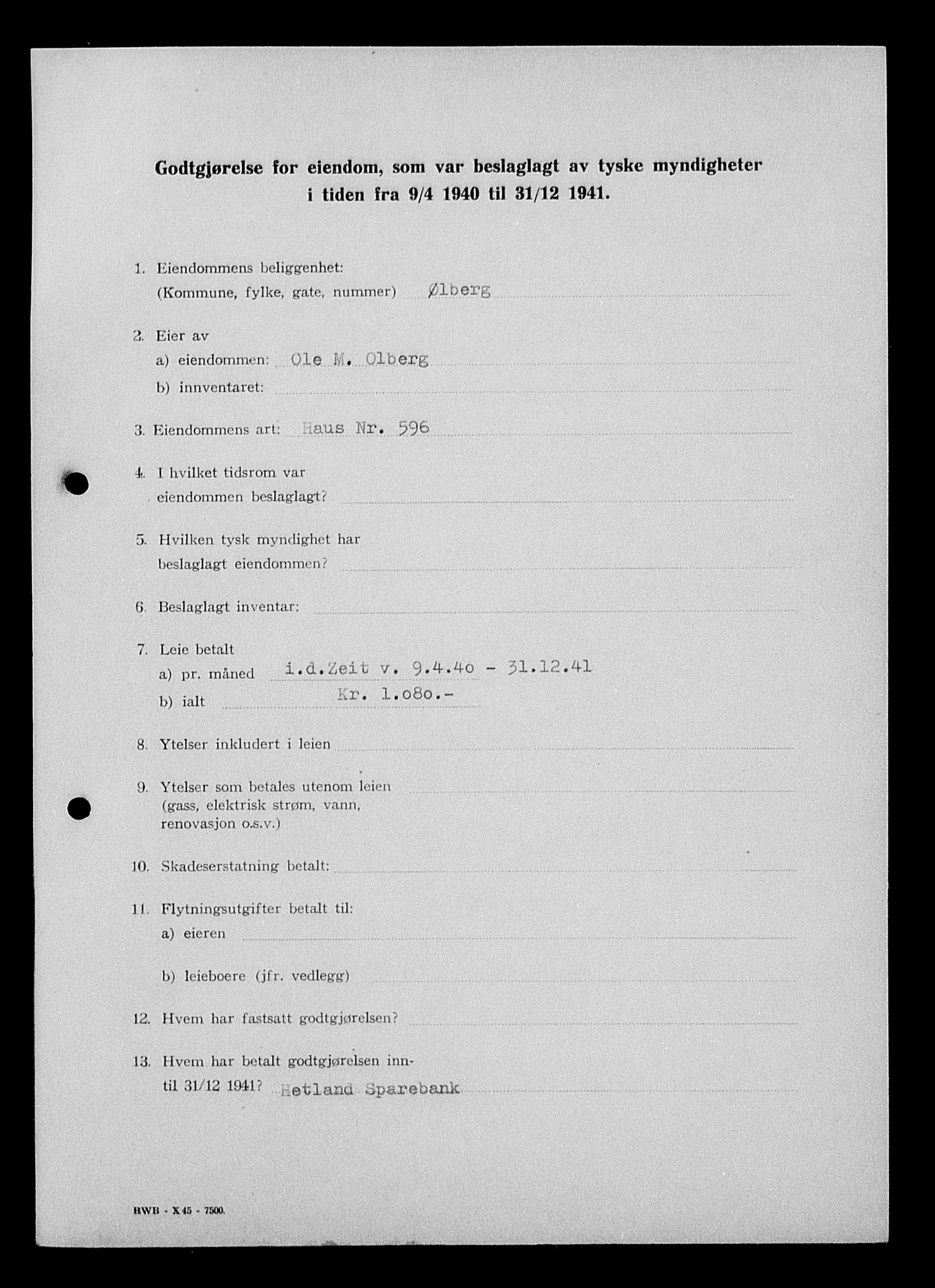 Justisdepartementet, Tilbakeføringskontoret for inndratte formuer, AV/RA-S-1564/I/L1015: Godtgjørelse for beslaglagt eiendom, 1940-1941, s. 32