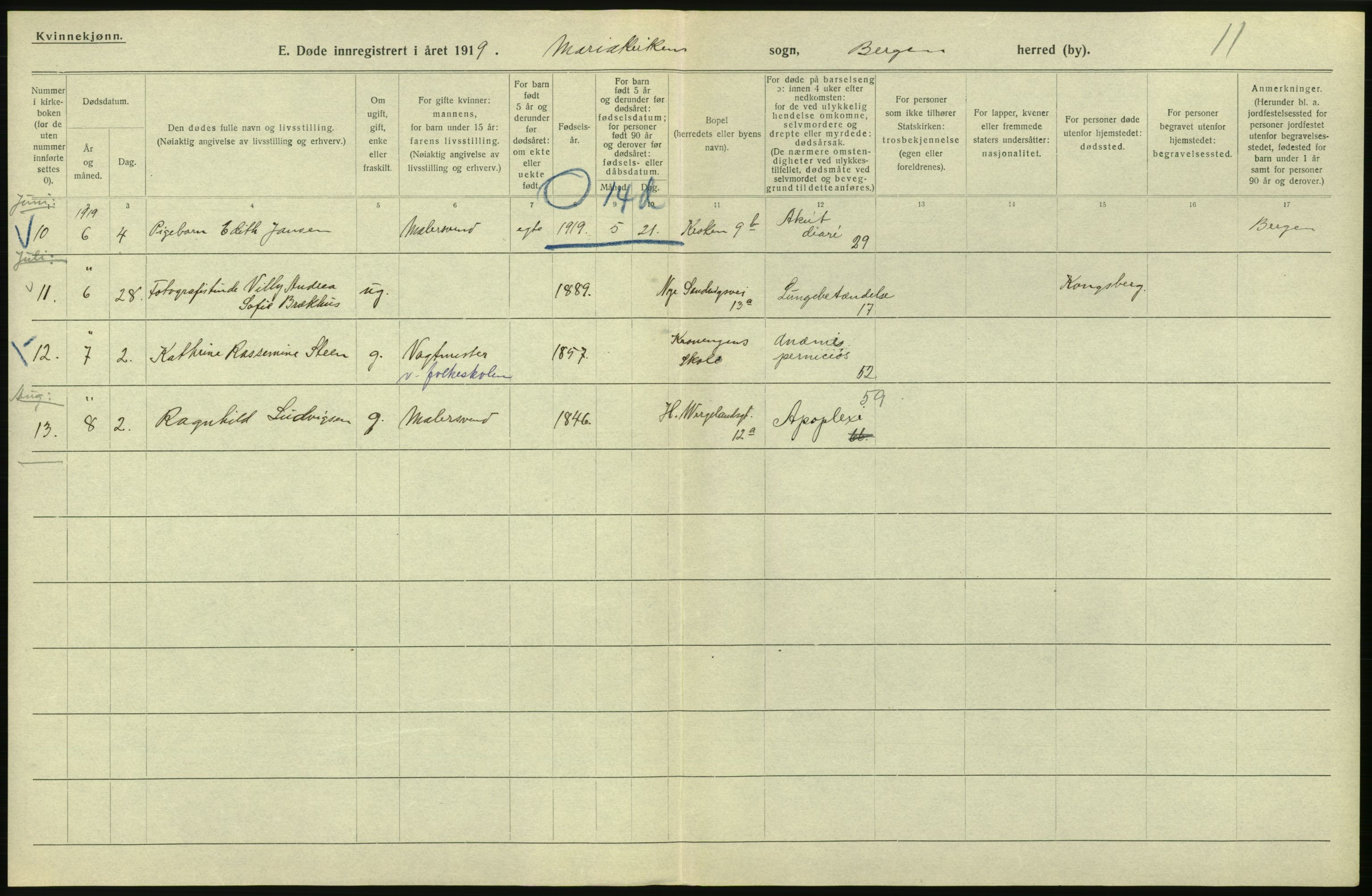 Statistisk sentralbyrå, Sosiodemografiske emner, Befolkning, AV/RA-S-2228/D/Df/Dfb/Dfbi/L0035: Bergen: Gifte, døde, dødfødte., 1919, s. 540