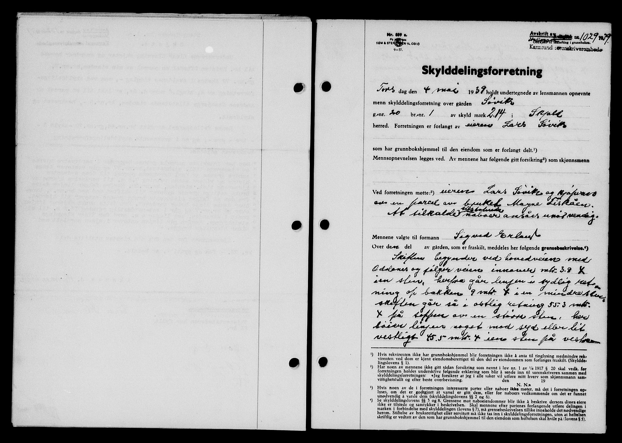 Karmsund sorenskriveri, SAST/A-100311/01/II/IIB/L0071: Pantebok nr. 52A, 1939-1939, Dagboknr: 1029/1939