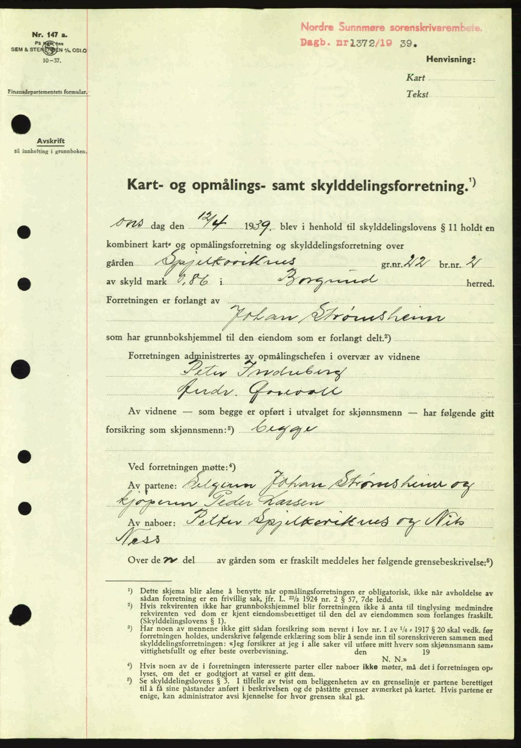 Nordre Sunnmøre sorenskriveri, SAT/A-0006/1/2/2C/2Ca: Pantebok nr. A7, 1939-1939, Dagboknr: 1372/1939