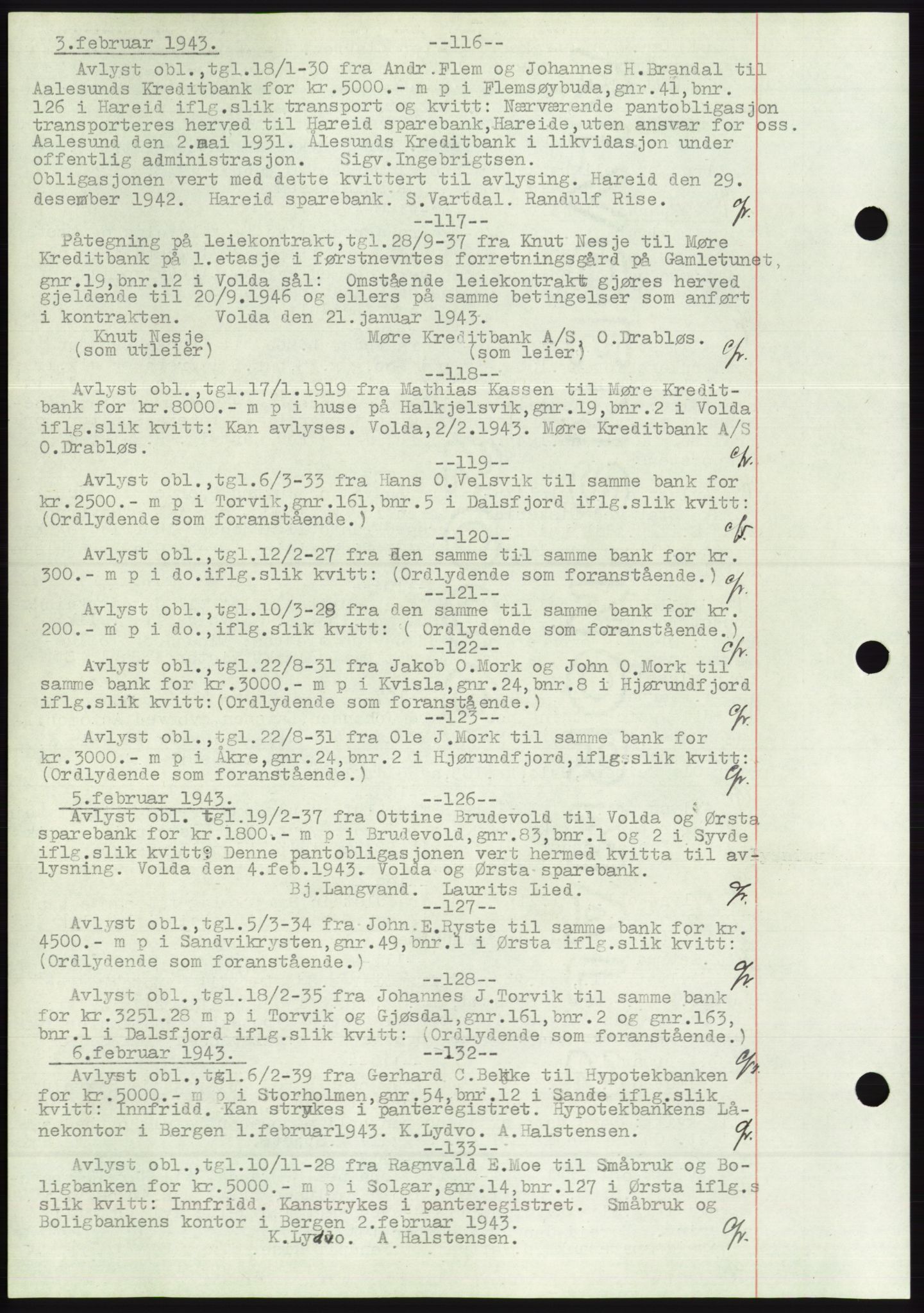 Søre Sunnmøre sorenskriveri, SAT/A-4122/1/2/2C/L0072: Pantebok nr. 66, 1941-1955, Dagboknr: 116/1943