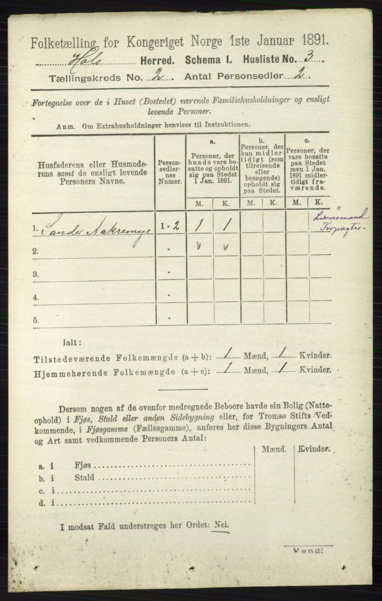 RA, Folketelling 1891 for 0620 Hol herred, 1891, s. 285