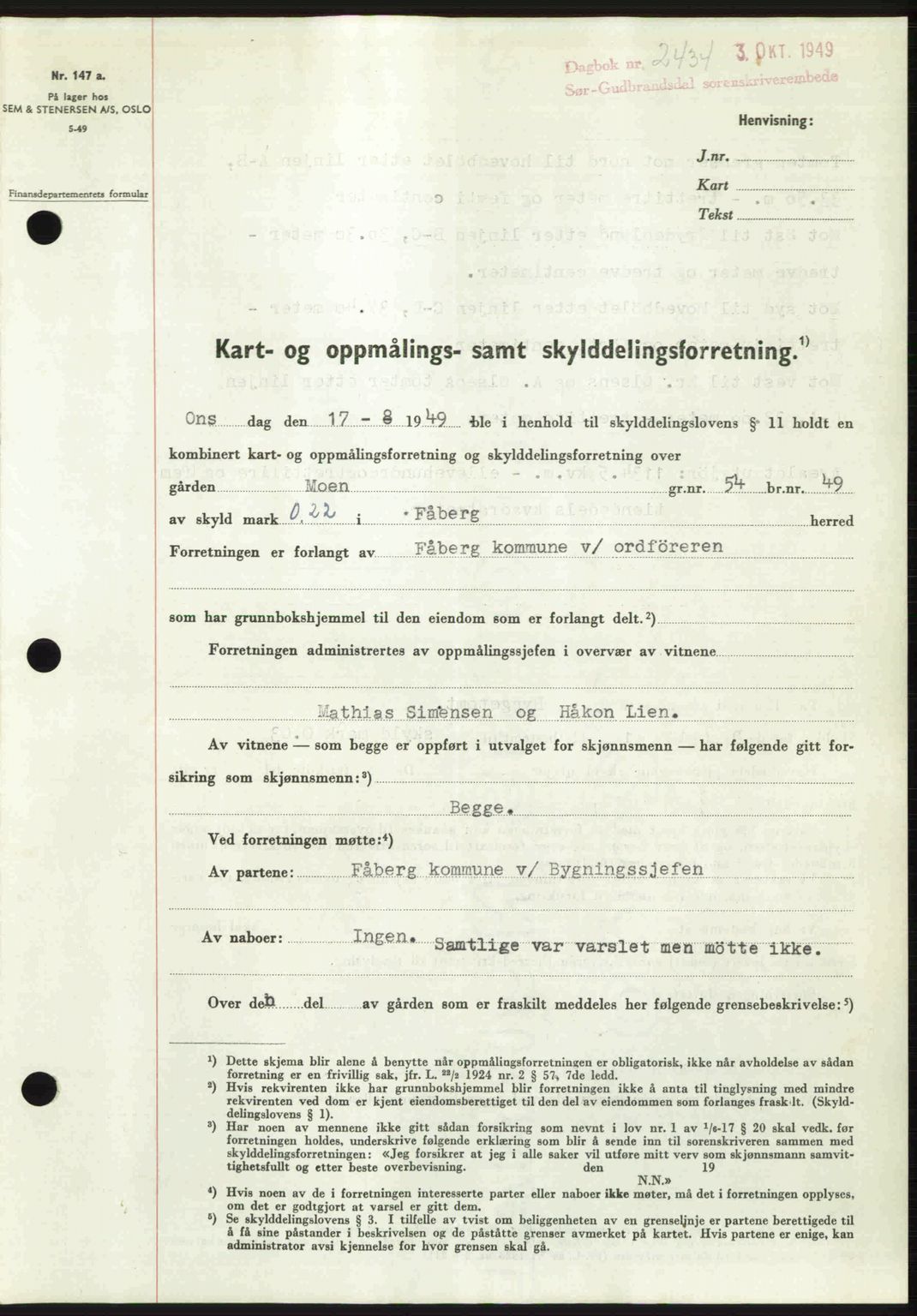 Sør-Gudbrandsdal tingrett, SAH/TING-004/H/Hb/Hbd/L0026: Pantebok nr. A26, 1949-1949, Dagboknr: 2434/1949