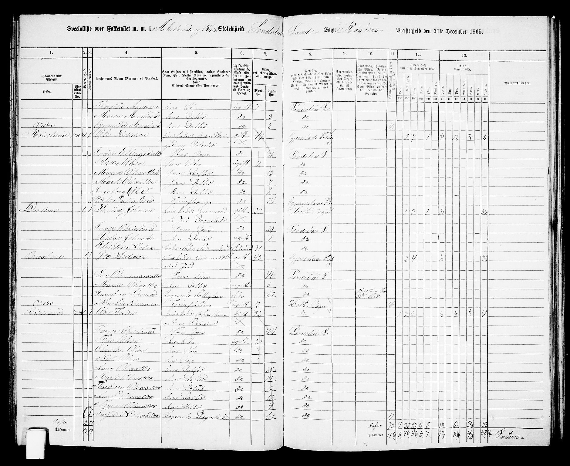 RA, Folketelling 1865 for 0913L Risør prestegjeld, Søndeled sokn, 1865, s. 71