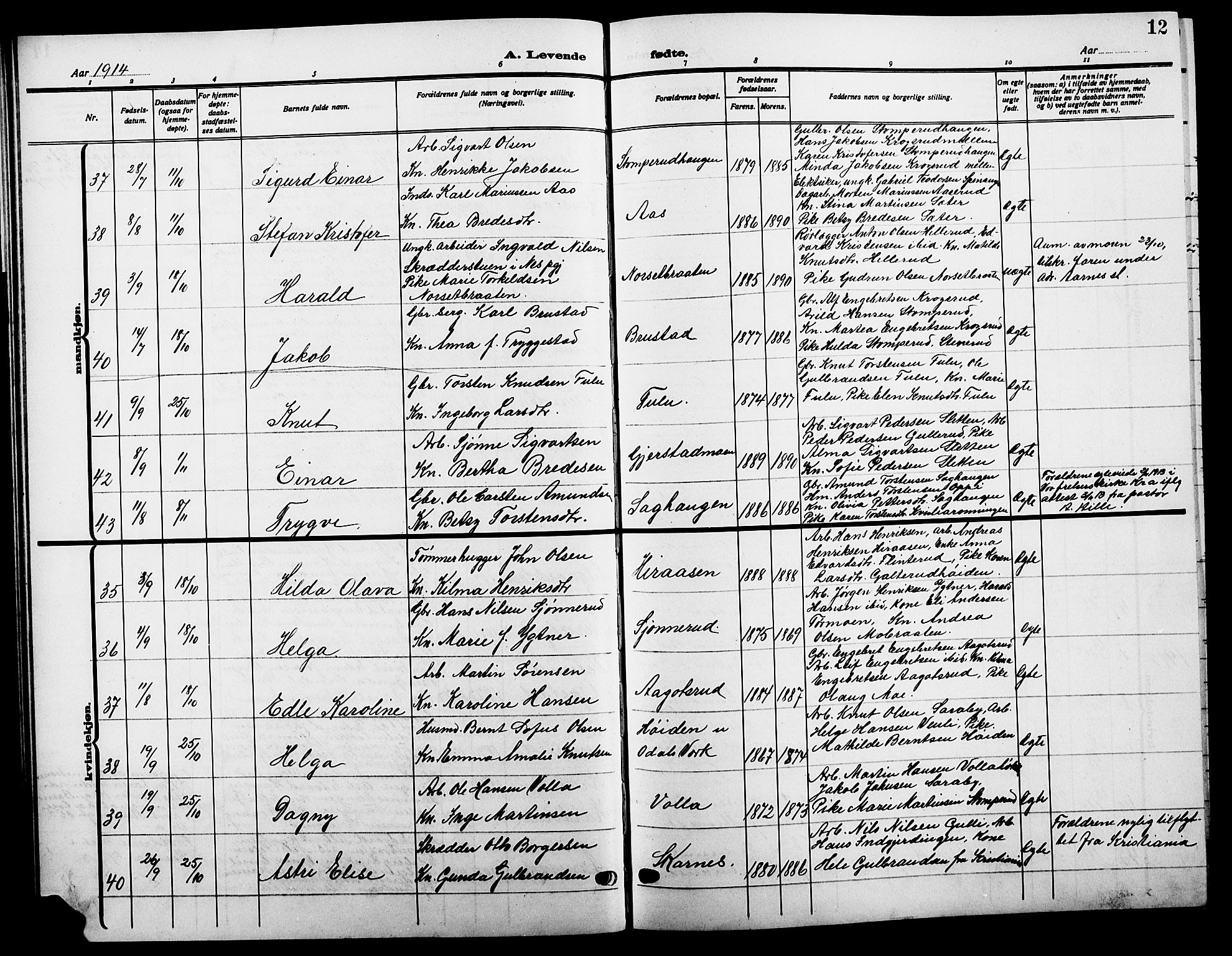 Sør-Odal prestekontor, AV/SAH-PREST-030/H/Ha/Hab/L0008: Klokkerbok nr. 8, 1913-1923, s. 12