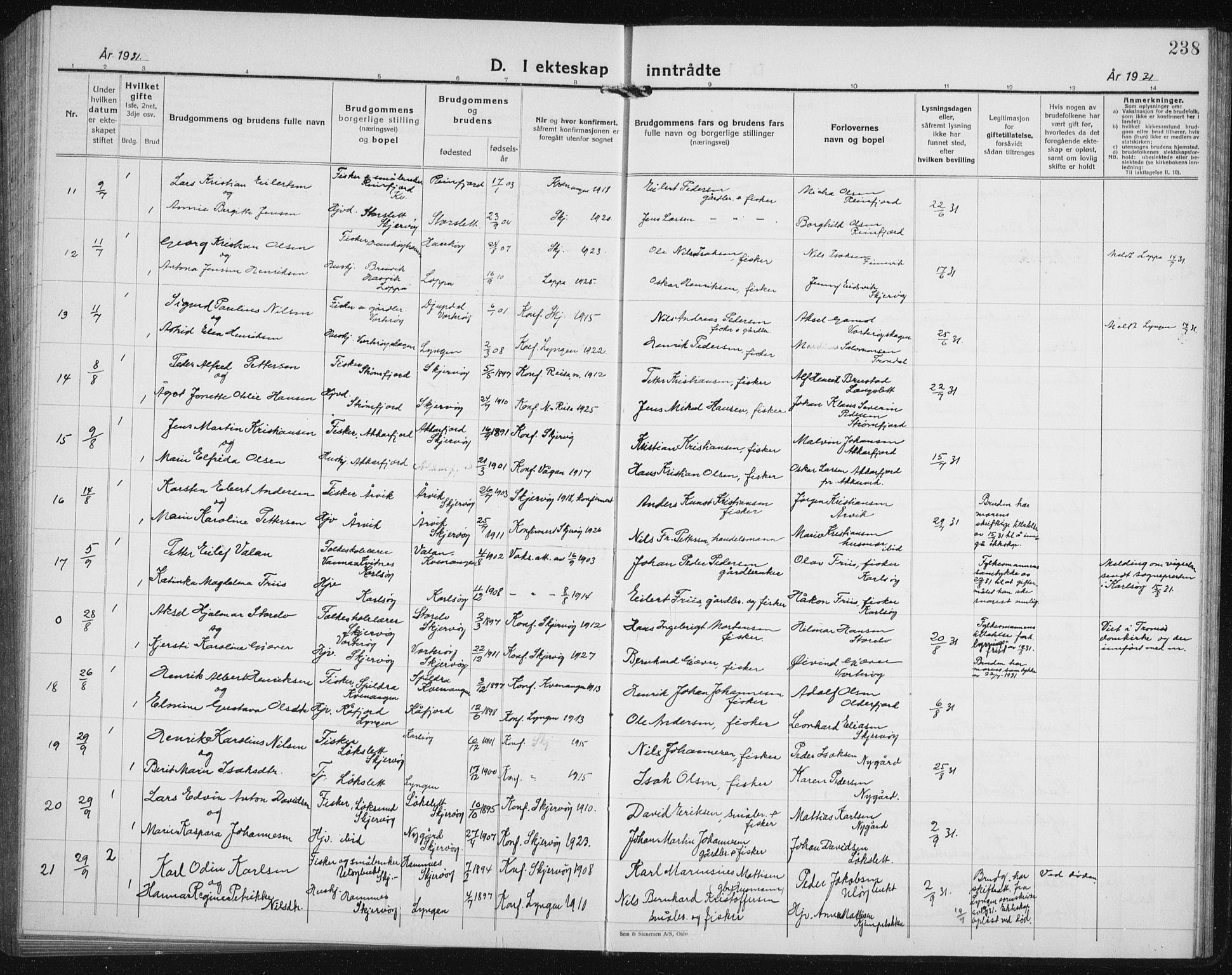 Skjervøy sokneprestkontor, AV/SATØ-S-1300/H/Ha/Hab/L0010klokker: Klokkerbok nr. 10, 1927-1941, s. 238