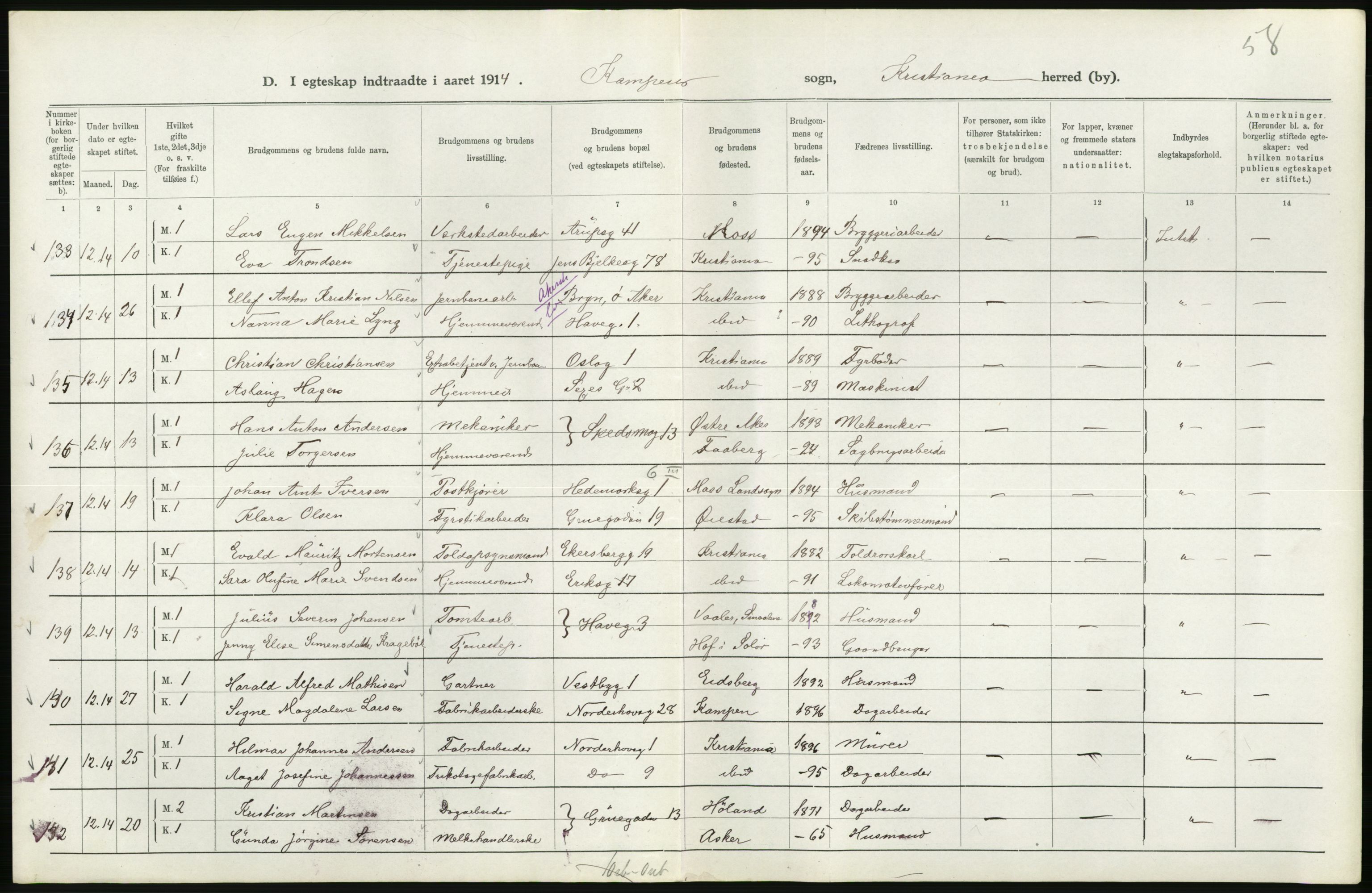 Statistisk sentralbyrå, Sosiodemografiske emner, Befolkning, AV/RA-S-2228/D/Df/Dfb/Dfbd/L0007: Kristiania: Gifte, 1914, s. 268
