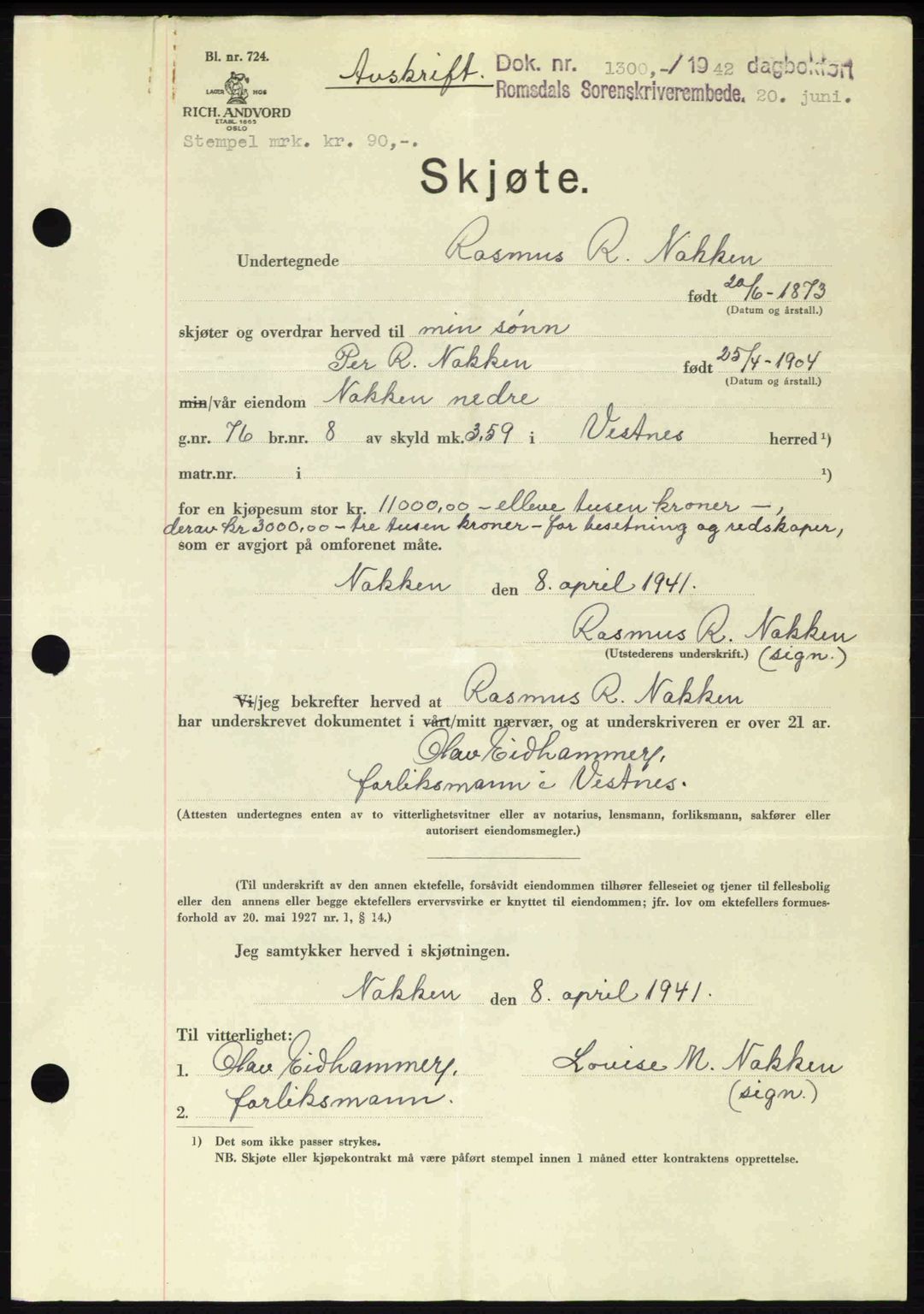 Romsdal sorenskriveri, AV/SAT-A-4149/1/2/2C: Pantebok nr. A12, 1942-1942, Dagboknr: 1300/1942