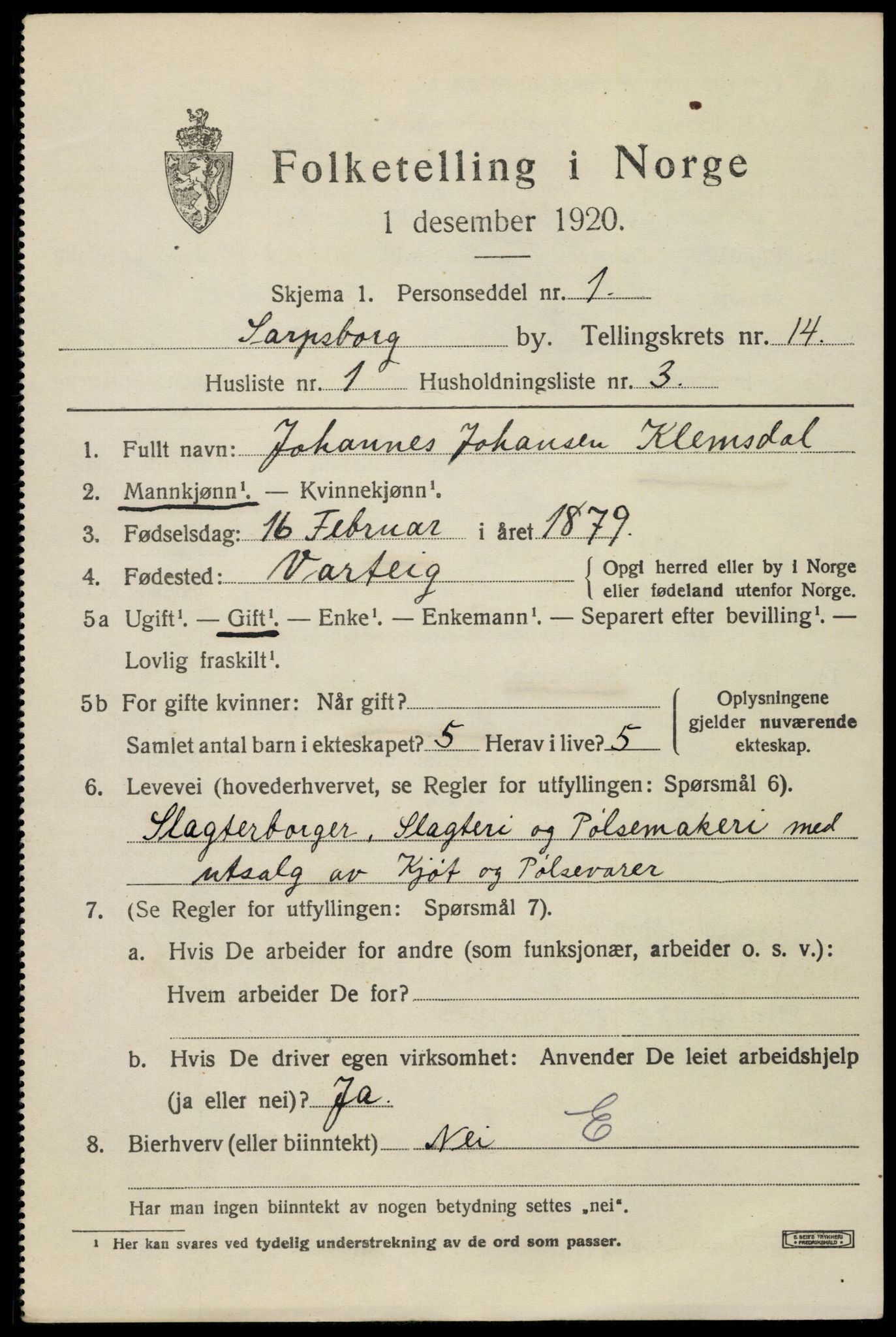 SAO, Folketelling 1920 for 0102 Sarpsborg kjøpstad, 1920, s. 28248