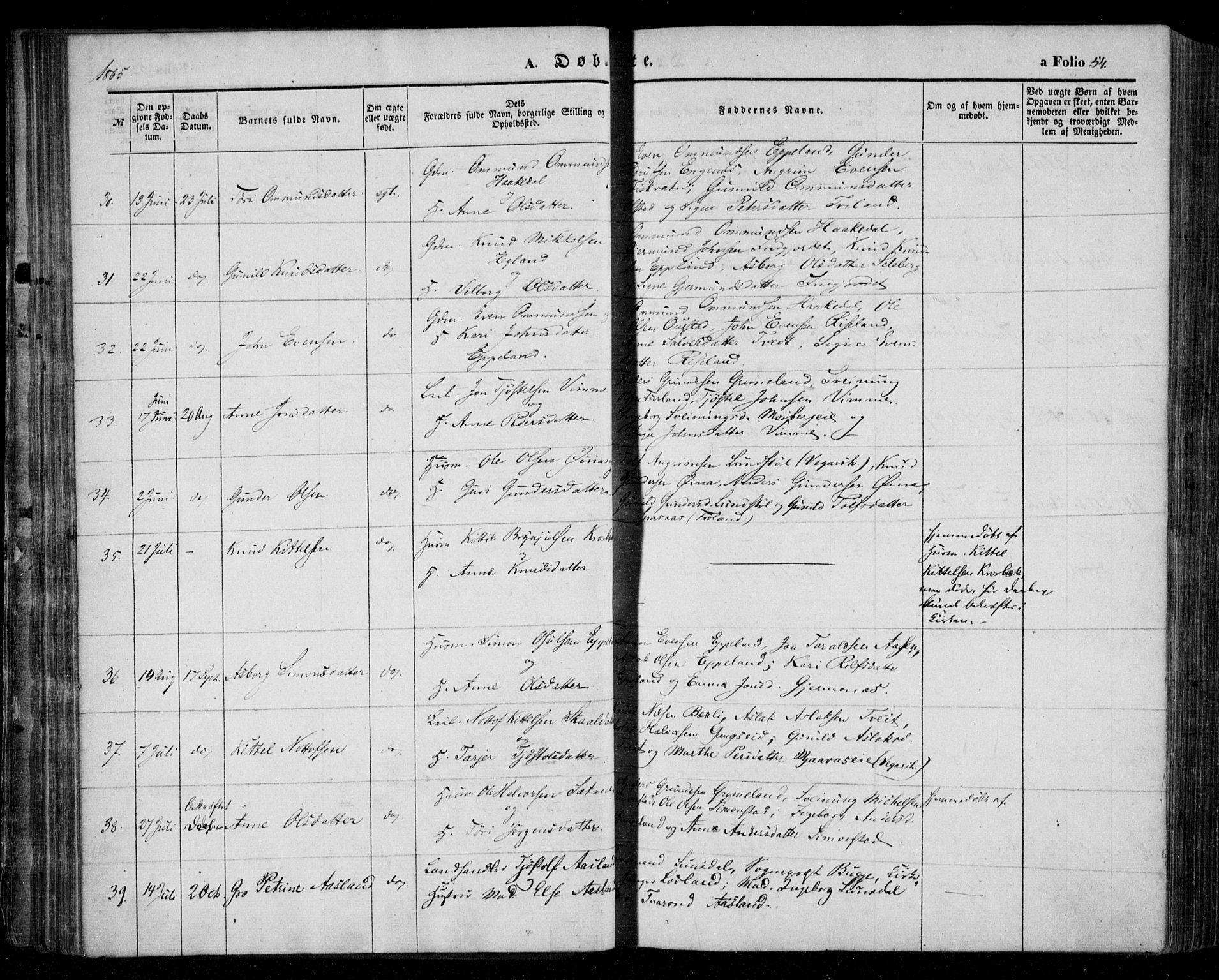 Åmli sokneprestkontor, AV/SAK-1111-0050/F/Fa/Fac/L0008: Ministerialbok nr. A 8, 1852-1869, s. 54