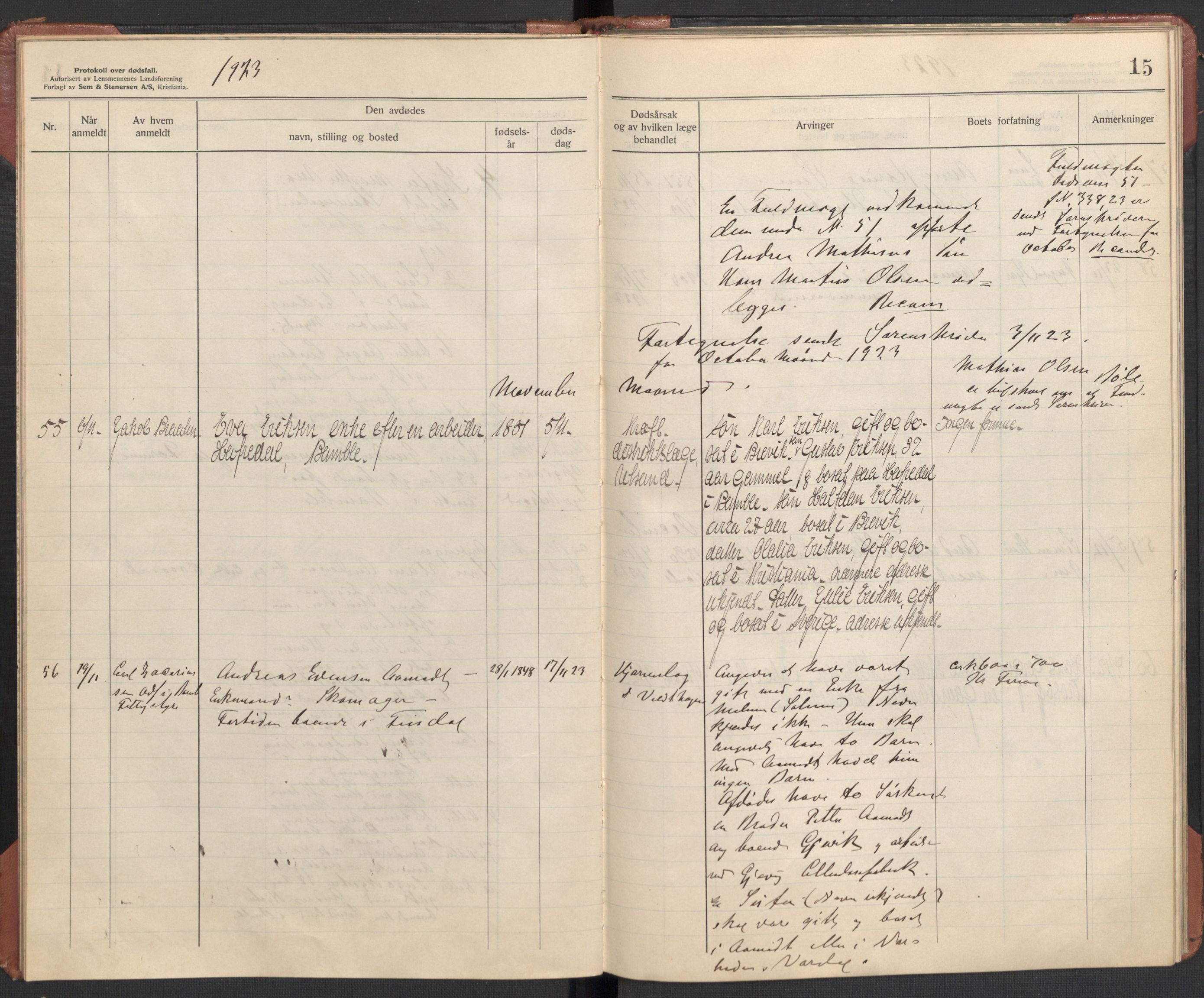 Bamble lensmannskontor, SAKO/A-552/H/Ha/Haa/L0004: Dødsfallsprotokoll, 1923-1926, s. 15